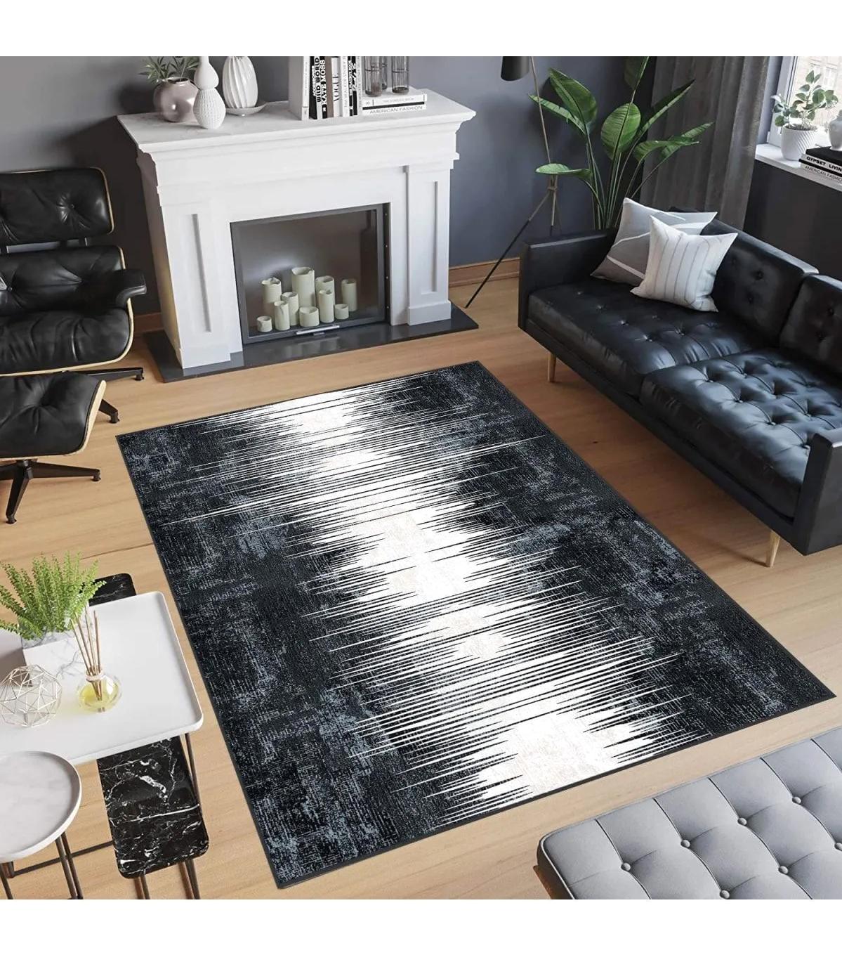 Rovigo Home RVG0469 Beyaz - Siyah 8 mm Polyester Leke Tutmaz-Toz Tutmaz Yıkanabilir İnce Kaymaz Dot Taban Dikdörtgen Makine Dokuma Salon Halısı 150x220 cm