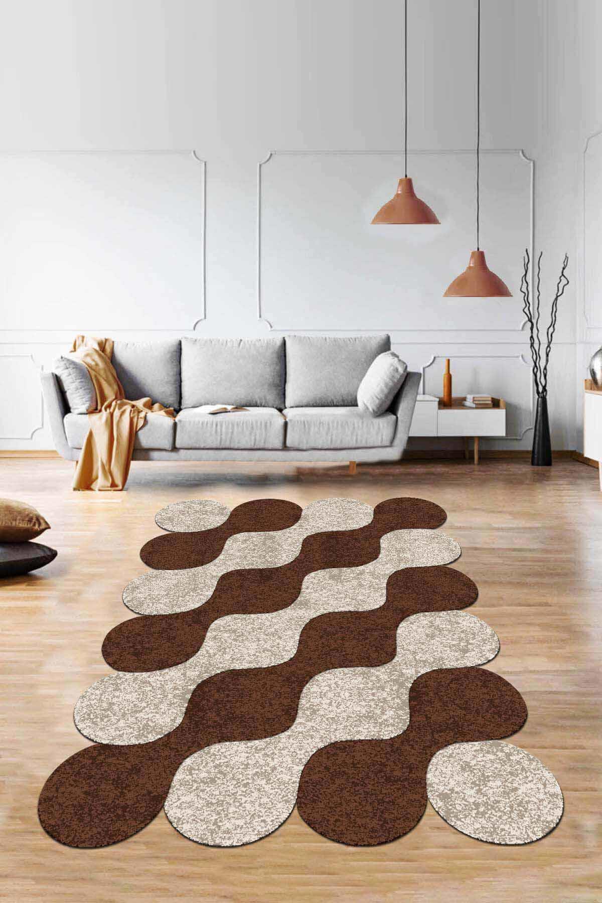 Viva Home AR163 Kahverengi 7 mm Mikropolyester Toz Tutmaz Yıkanabilir Orta Kaymaz Taban Dikdörtgen Makine Dokuma Salon Halısı 60x90 cm
