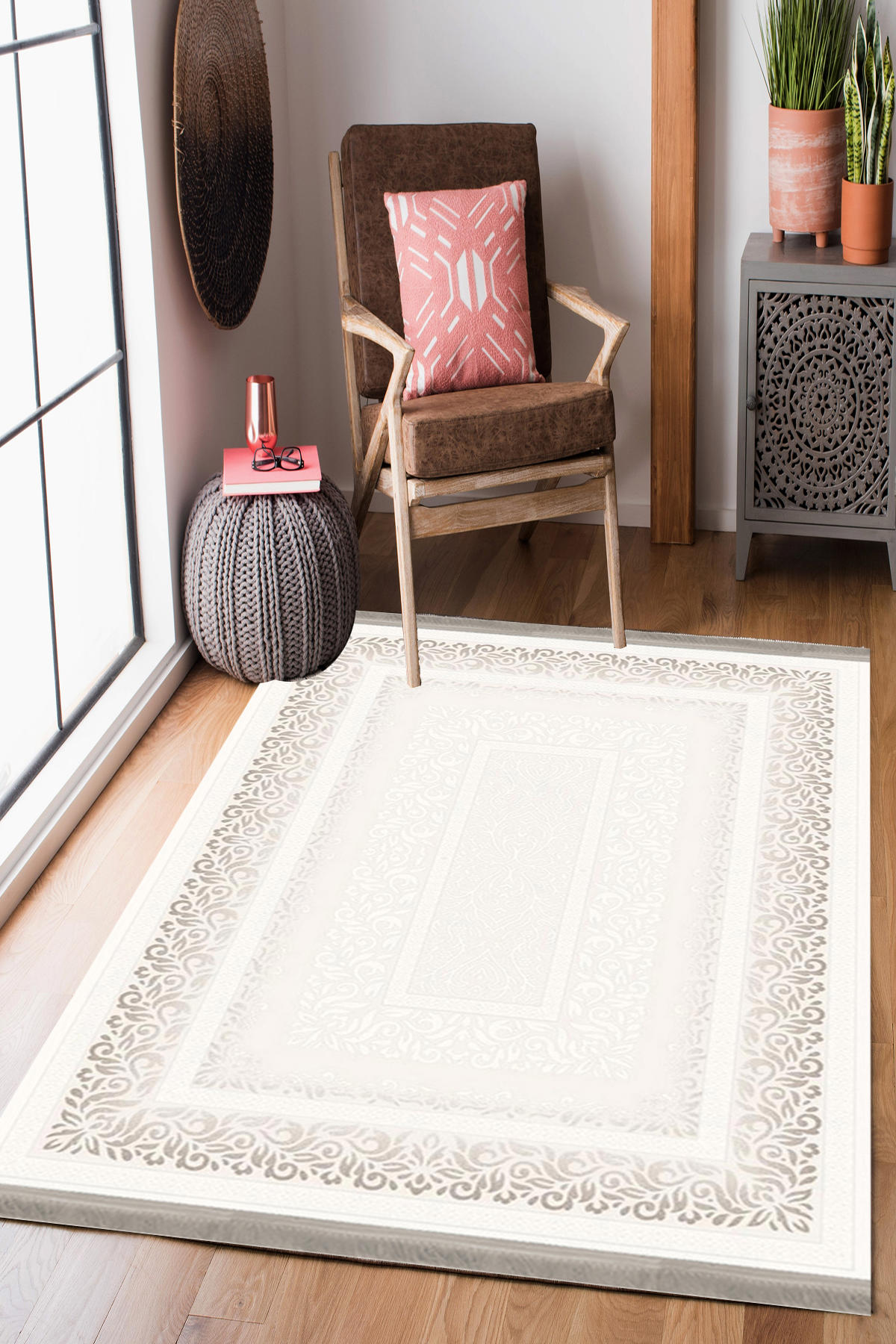 Homier Collection H-KS-3080A Krem 7 mm Pamuk Antibakteriyel Yıkanabilir Orta Kaymaz Dot Taban Dikdörtgen Makine Dokuma Salon Halısı 180x300 cm