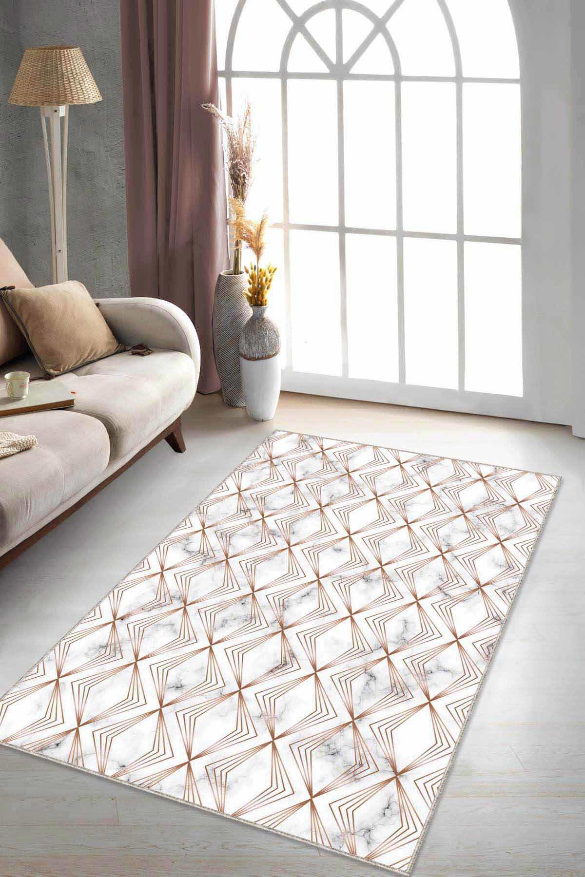 Viva Home RV017 Bakır 7 mm Mikropolyester Yıkanabilir İnce Kaymaz Jüt Taban Dikdörtgen Makine Dokuma Salon Halısı 160x230 cm
