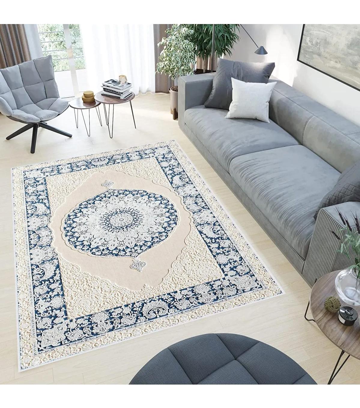 Rovigo Home RVG0519 Bej - Mavi 8 mm Polyester Antibakteriyel-Leke Tutmaz-Toz Tutmaz Yıkanabilir İnce Kaymaz Dot Taban Dikdörtgen Makine Dokuma Salon Halısı 80x500 cm