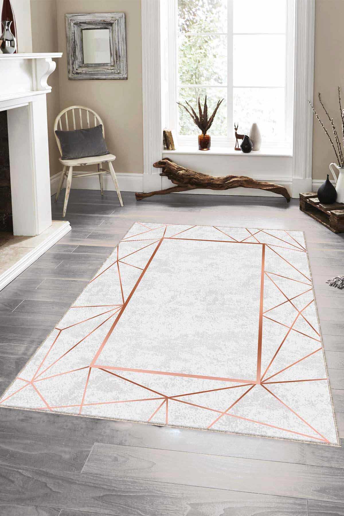 Viva Home RV009 Bakır 7 mm Mikropolyester Yıkanabilir İnce Kaymaz Jüt Taban Dikdörtgen Makine Dokuma Salon Halısı 80x150 cm