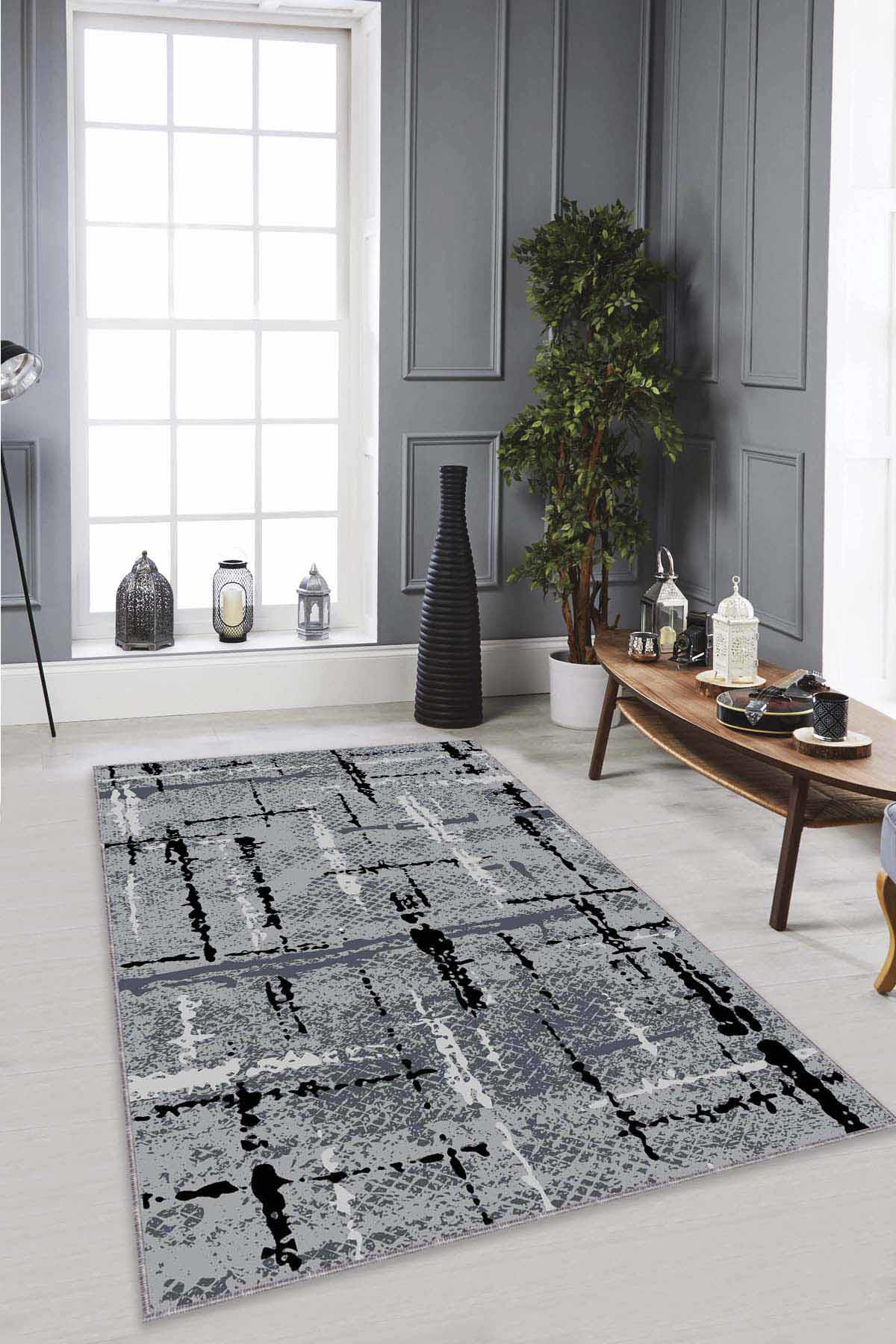 Viva Home AR481 Gri 7 mm Mikropolyester Toz Tutmaz Yıkanabilir İnce Kaymaz Dot Taban Dikdörtgen Makine Dokuma Salon Halısı 120x120 cm