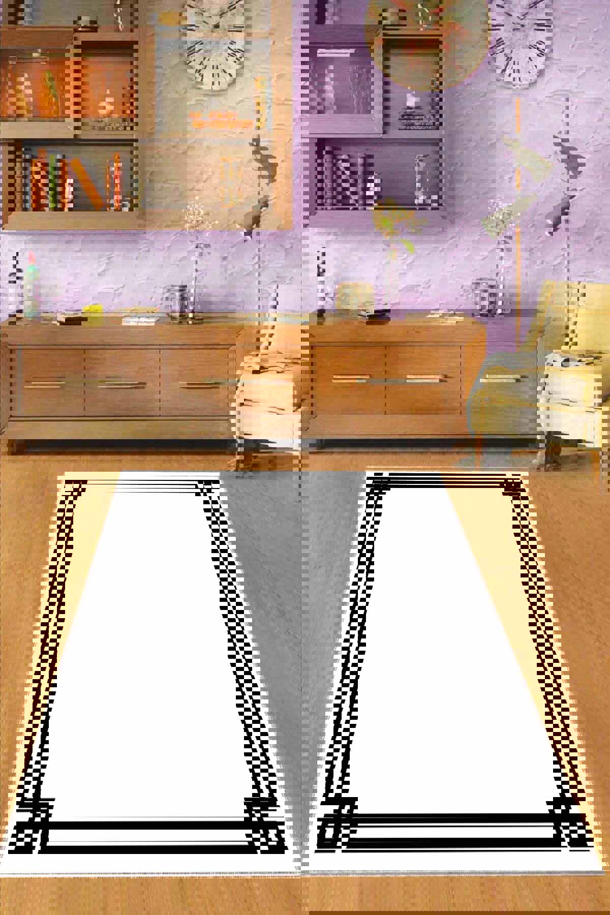 Viva Home TL003 Beyaz - Siyah 7 mm Mikropolyester Antibakteriyel Yıkanabilir Kalın Kaymaz Lateks Taban Dikdörtgen Makine Dokuma Salon Halısı 200x290 cm