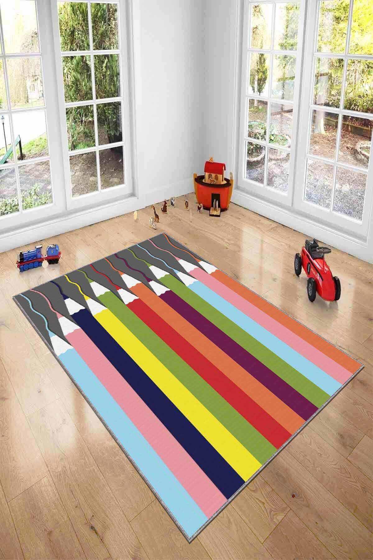 Viva Home KD29 Krem 7 mm Mikropolyester Yalıtıma Yardımcı Yıkanabilir Orta Kaymaz Dot Taban Dikdörtgen Makine Dokuma Çocuk Odası Halısı 120 cm