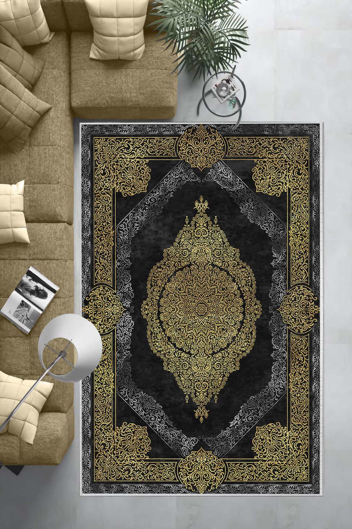 Aldora Altın-Siyah 0.8 mm Polipropilen Antibakteriyel Yıkanabilir Orta Kaymaz Deri Taban Dikdörtgen Makine Dokuma Salon Halısı 120x350 cm