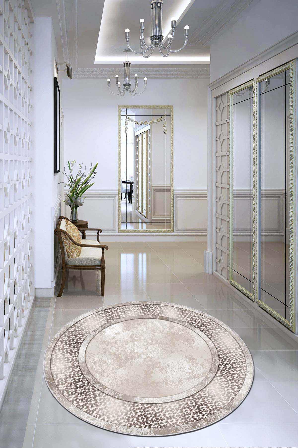 Viva Home AR716 Bej 7 mm Mikropolyester Yıkanabilir İnce Kaymaz Jüt Taban Yuvarlak Makine Dokuma Salon Halısı 80x150 cm