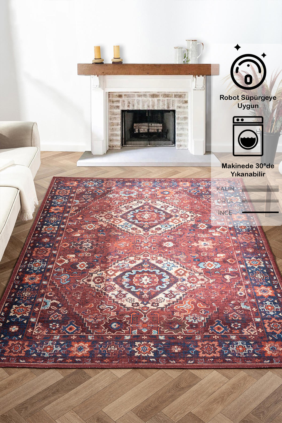 Rugium Antico 2307 Krem Polyester Yıkanabilir Kaymaz Taban Dikdörtgen Makine Dokuma Halı 100x400 cm