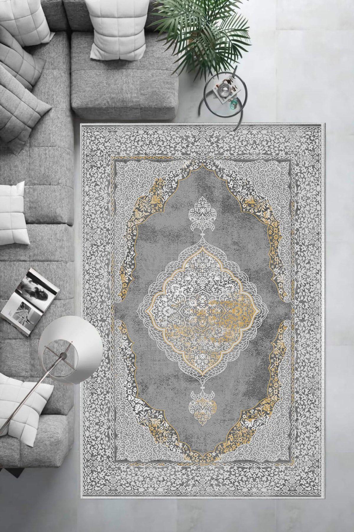 Aldora E4141 Gri 9 mm Deri Toz Tutmaz Yıkanabilir İnce Kaymaz Pamuk Taban Dikdörtgen Makine Dokuma Salon Halısı 160x235 cm
