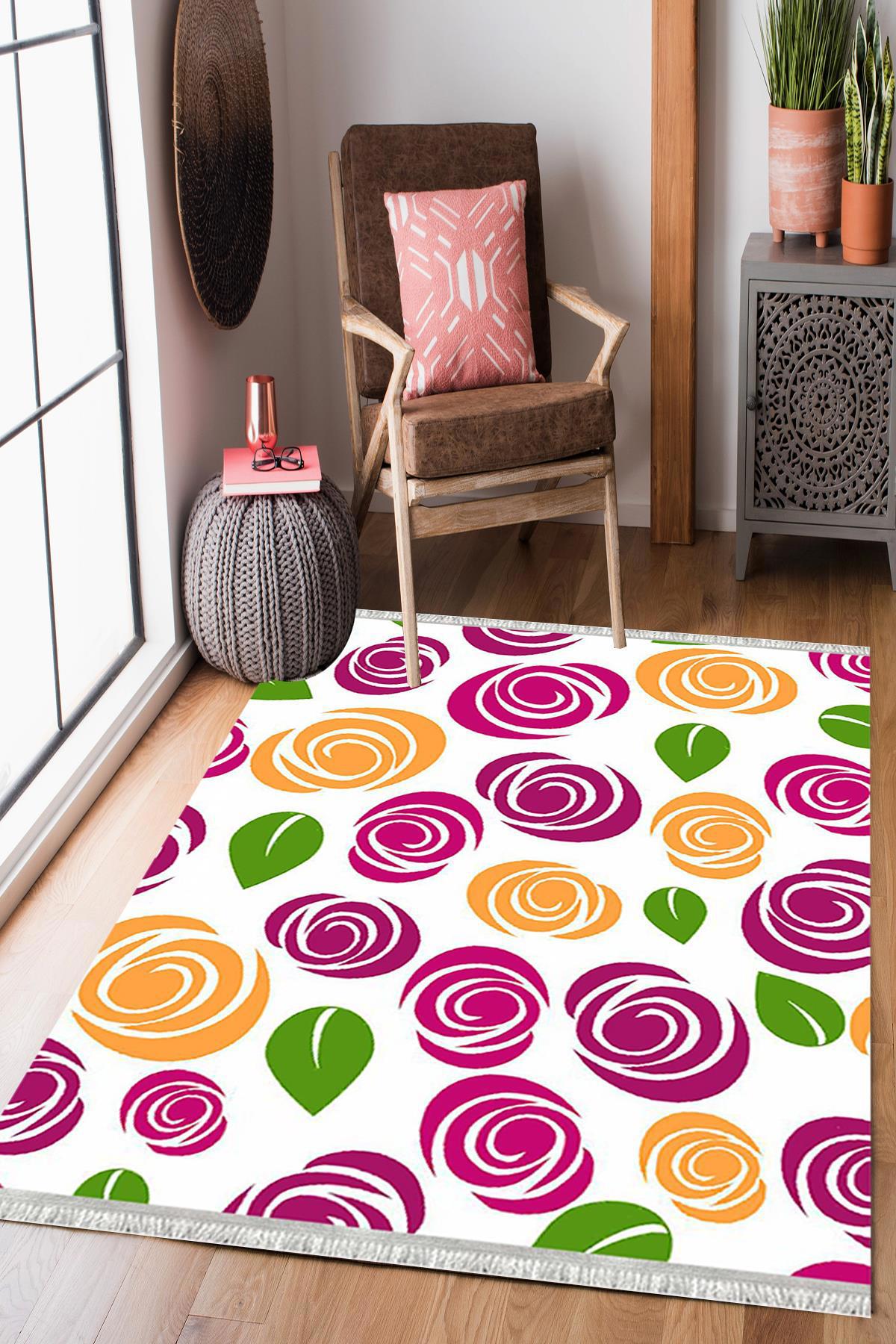 Enbe Collection E-FL2216 Krem 5 mm Pamuk Silinebilir Yıkanabilir Orta Kaymaz Dot Taban Dikdörtgen Makine Dokuma Oturma Odası Halısı 140x140 cm
