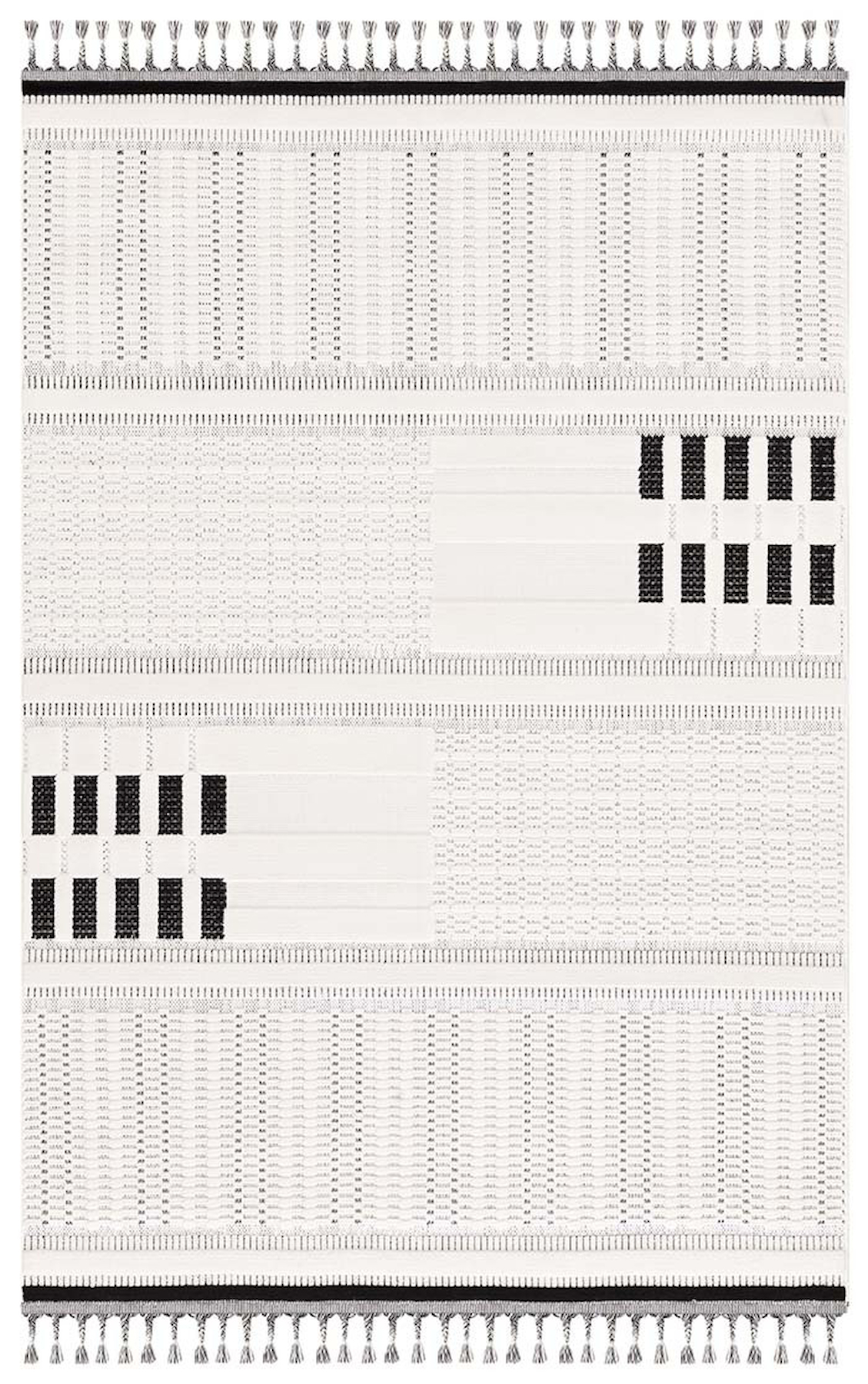 İpek Mekik Halı Pien 1702A Krem-Siyah 10 mm Polyester Yıkanabilir Orta Kaymaz Pamuk Taban Dikdörtgen Antre-Çocuk Odası-Salon-Yatak Odası Halısı 80x150 cm