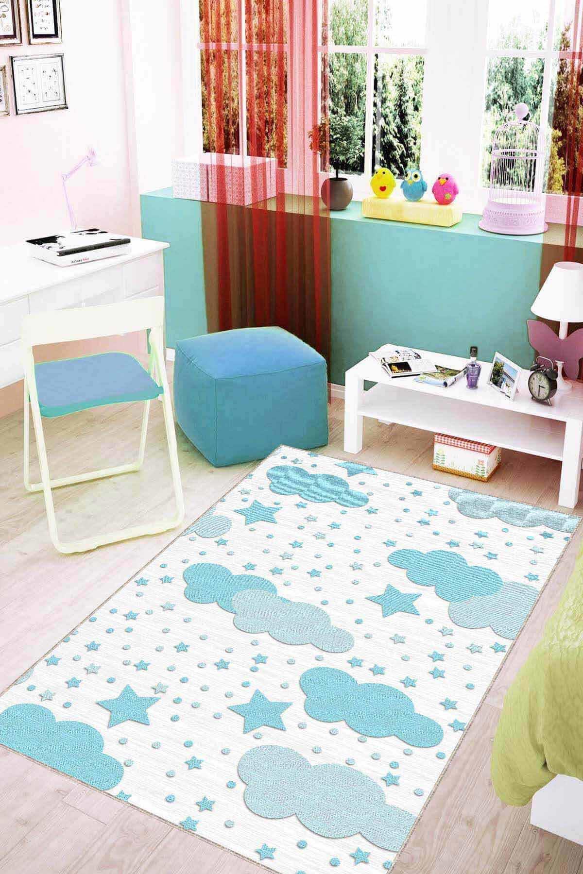 Viva Home KD027 Mavi 7 mm Mikropolyester Leke tutmaz Yıkanabilir İnce Kaymaz Dot Taban Dikdörtgen Makine Dokuma Çocuk Odası Halısı 80x150 cm