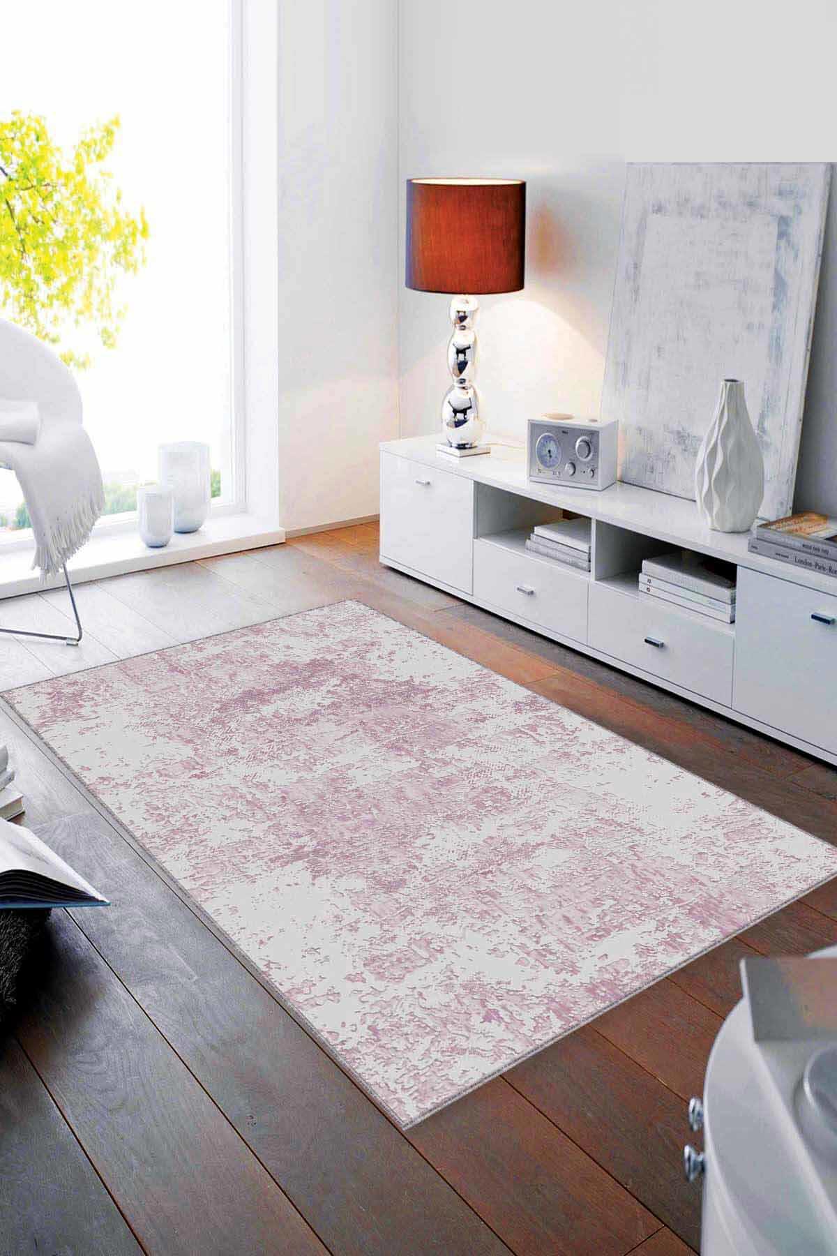 Viva Home MA004 Pembe 7 mm Mikropolyester Leke Tutmaz Yıkanabilir İnce Kaymaz Dot Taban Dikdörtgen Makine Dokuma Salon Halısı 140x200 cm