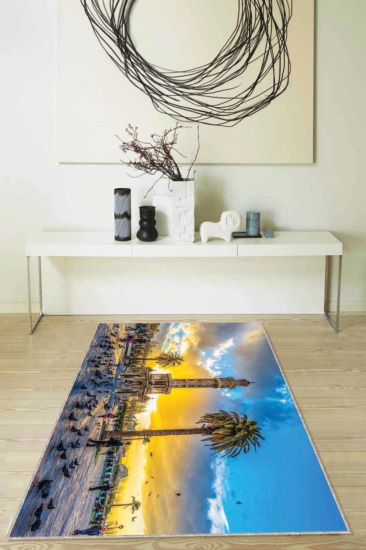 Viva Home RV336 Mavi 7 mm Mikropolyester Antibakteriyel Yıkanabilir İnce Kaymaz Dikdörtgen Makine Dokuma Salon Halısı 140x200 cm