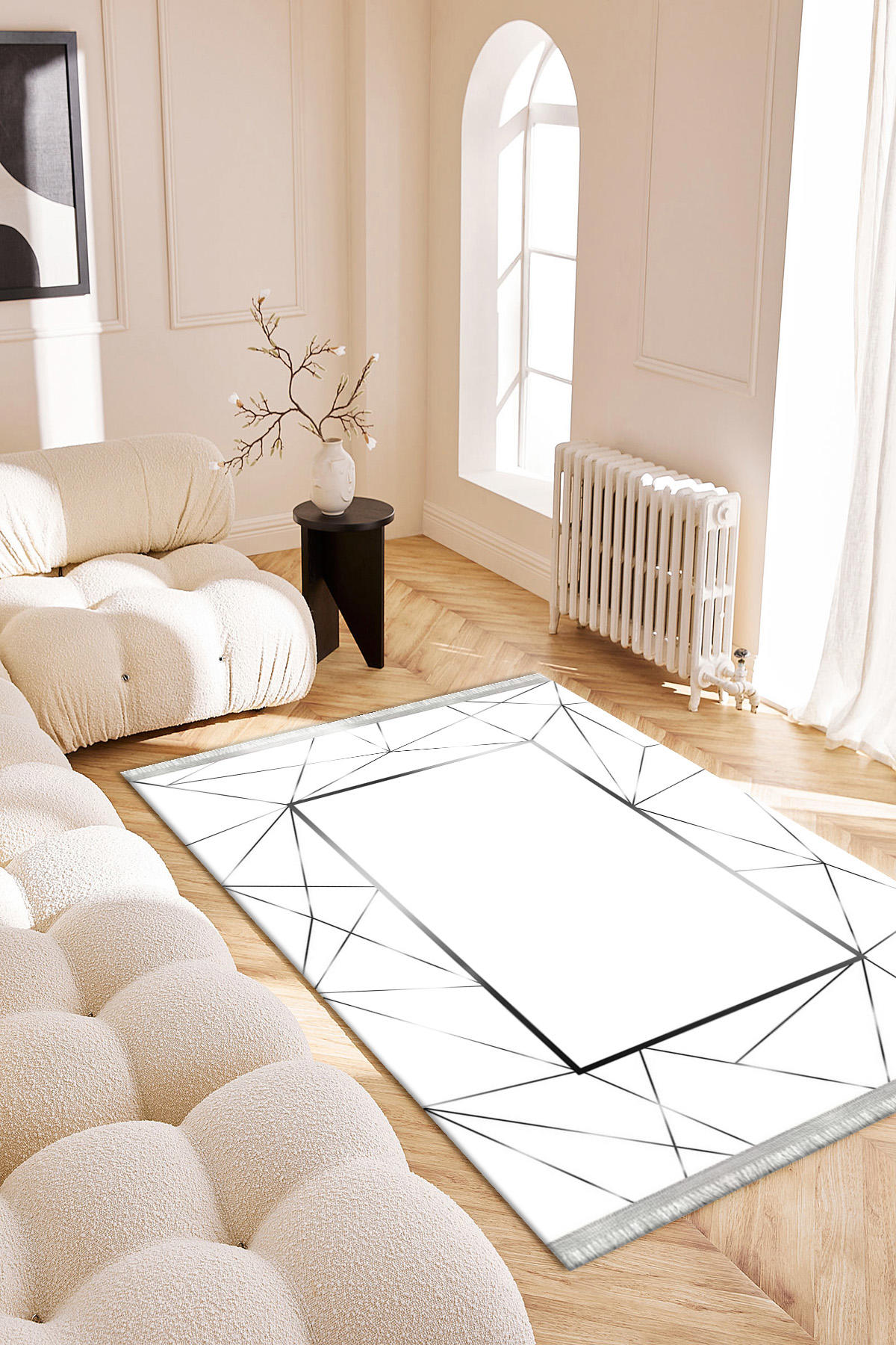 Roslyn Home Bej-Gri 6 mm Polyester Toz Tutmaz Yıkanabilir İnce Kaymaz Dot Taban Dikdörtgen Makine Dokuma Salon Halısı 133x190 cm