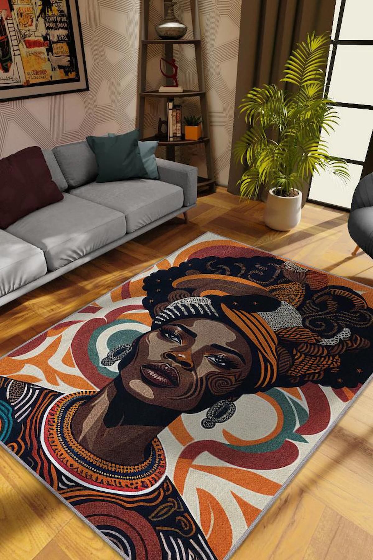 Homshtag Afro Temalı Çok Renkli 4 mm Pamuk Antistatik Yıkanabilir İnce Kaymaz Dikdörtgen Makine Dokuma Salon Halısı 160x230 cm