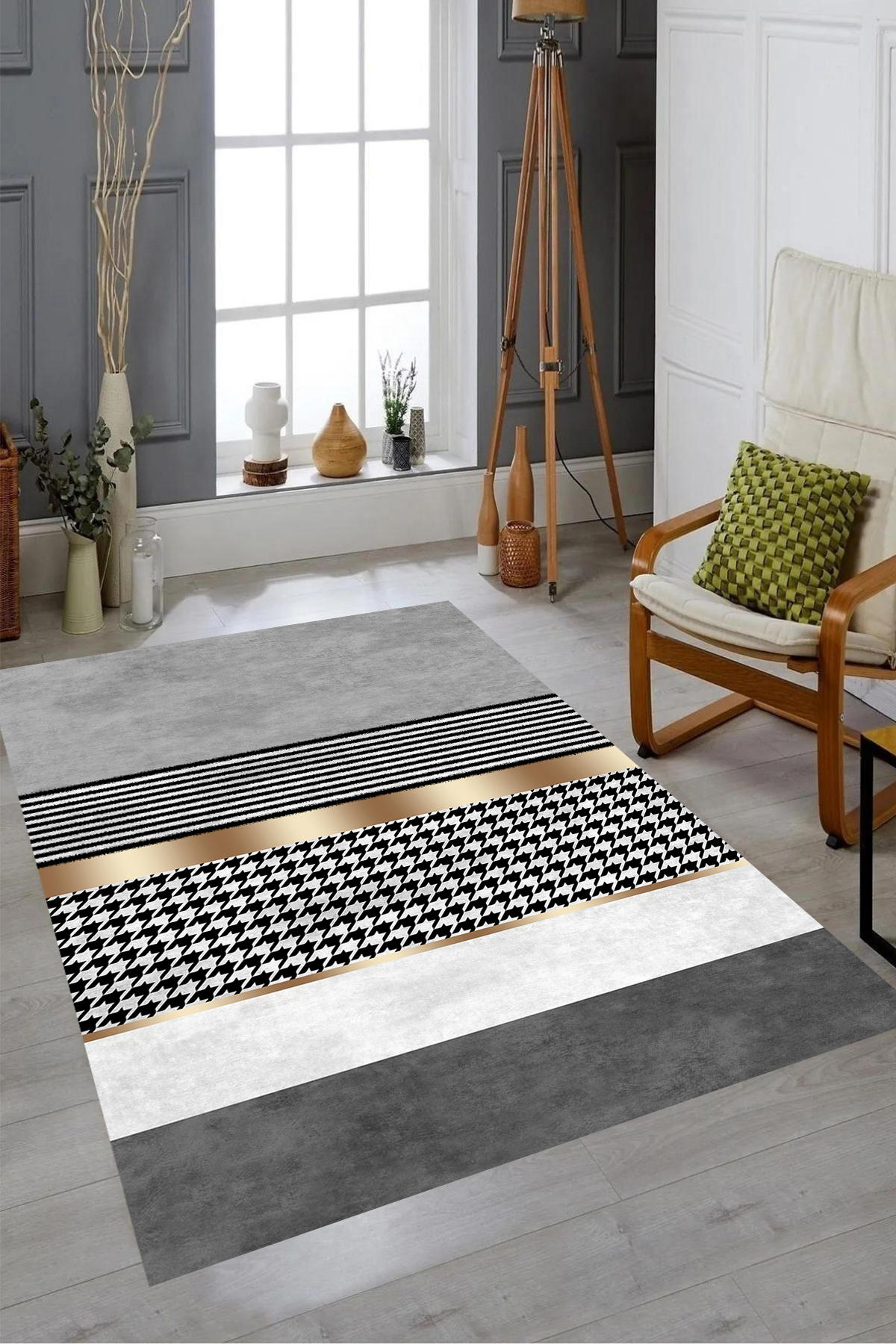 Aldora A239 Altın-Gri 9 mm Deri Toz Tutmaz Yıkanabilir İnce Kaymaz Deri Taban Dikdörtgen Makine Dokuma Salon Halısı 160x230 cm