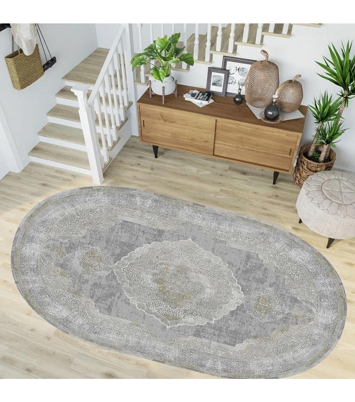 Rovigo Home RVG7263-HY952 Gri 8 mm Polyester Yıkanabilir Orta Kaymaz Dot Taban Dikdörtgen Makine Dokuma Salon Halısı 80x300 cm