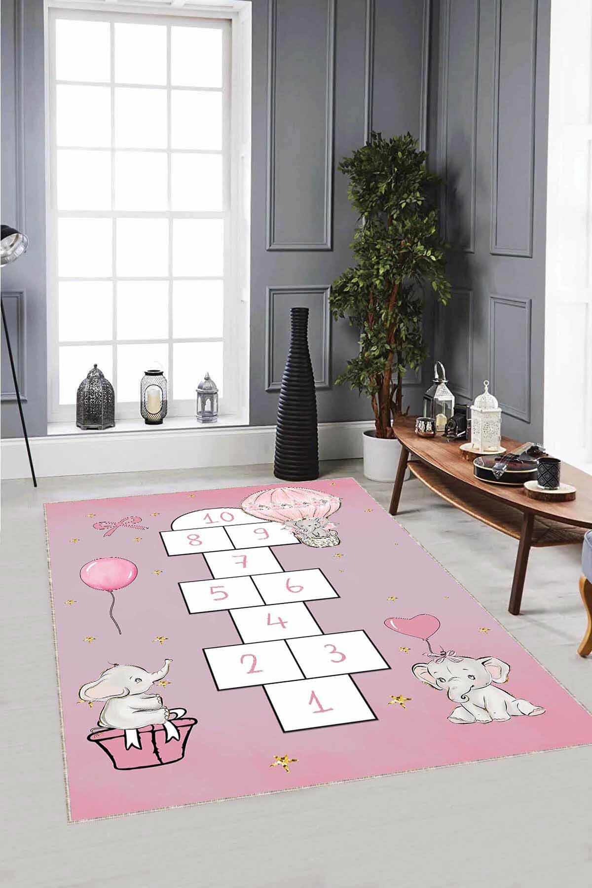 Viva Home AR1140 Pembe 7 mm Mikropolyester Leke Tutmaz Yıkanabilir İnce Kaymaz Dot Taban Dikdörtgen Makine Dokuma Çocuk Odası Halısı 120x200 cm