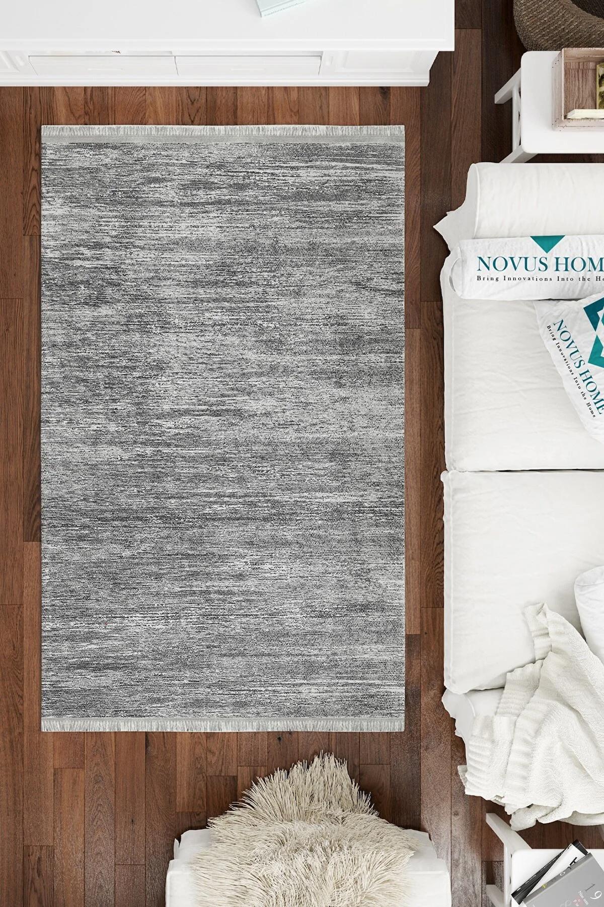 Novus Home Westa Serisi Gri 6 mm Pamuk Antibakteriyel-Toz Tutmaz-Yalıtıma Yardımcı Yıkanabilir İnce Kaymaz Taban Dikdörtgen Makine Dokuma Antre-Salon-Yatak Odası Halısı 120x180 cm