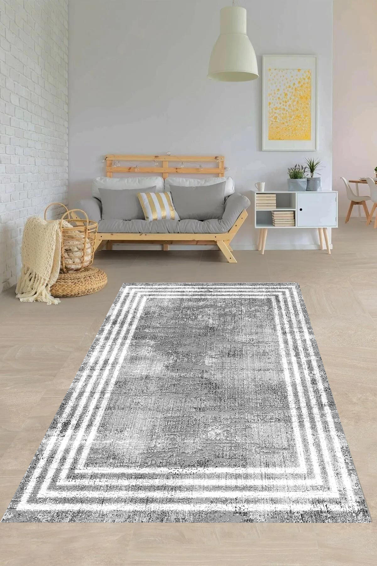 Aldora B1163 Gri 9 mm Deri Toz Tutmaz Yıkanabilir İnce Kaymaz Deri Taban Dikdörtgen Makine Dokuma Salon Halısı 120x180 cm