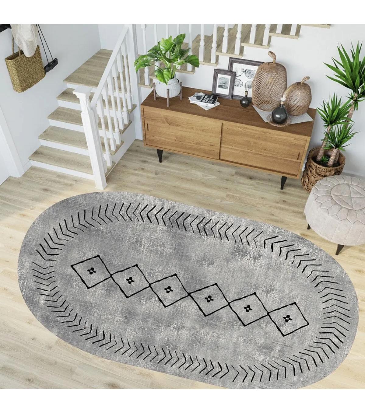 Rovigo Home RVG7258-HT962 Gri 8 mm Polyester Yıkanabilir Orta Kaymaz Dot Taban Dikdörtgen Makine Dokuma Salon Halısı 100x300 cm