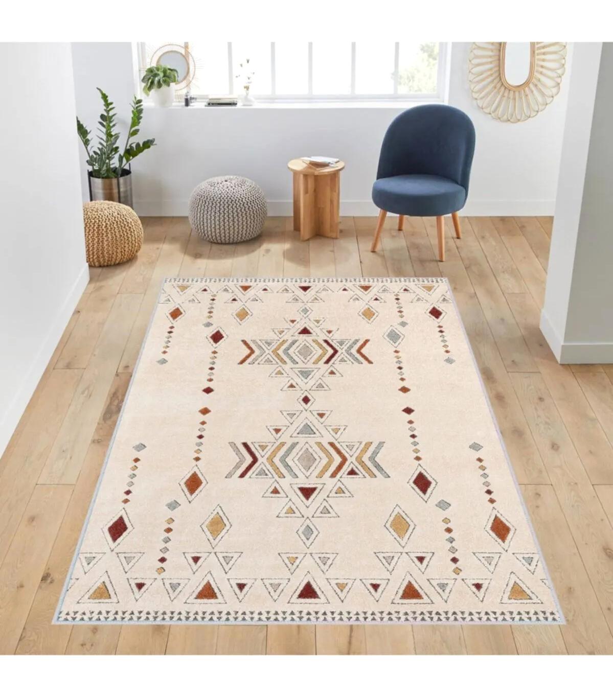 Rovigo Home RVG1016 Krem 8 mm Polyester Yıkanabilir İnce Kaymaz Dot Taban Dikdörtgen Makine Dokuma Salon Halısı 80x200 cm
