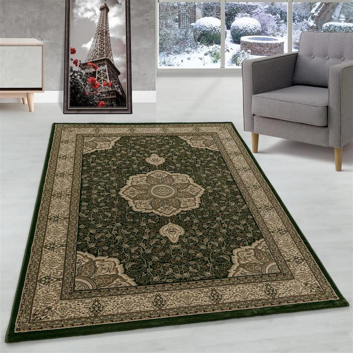Carpettex Yeşil 9 mm Polipropilen Yıkanabilir Kalın Kaymaz Lateks Taban Dikdörtgen Makine Dokuma Salon Halısı