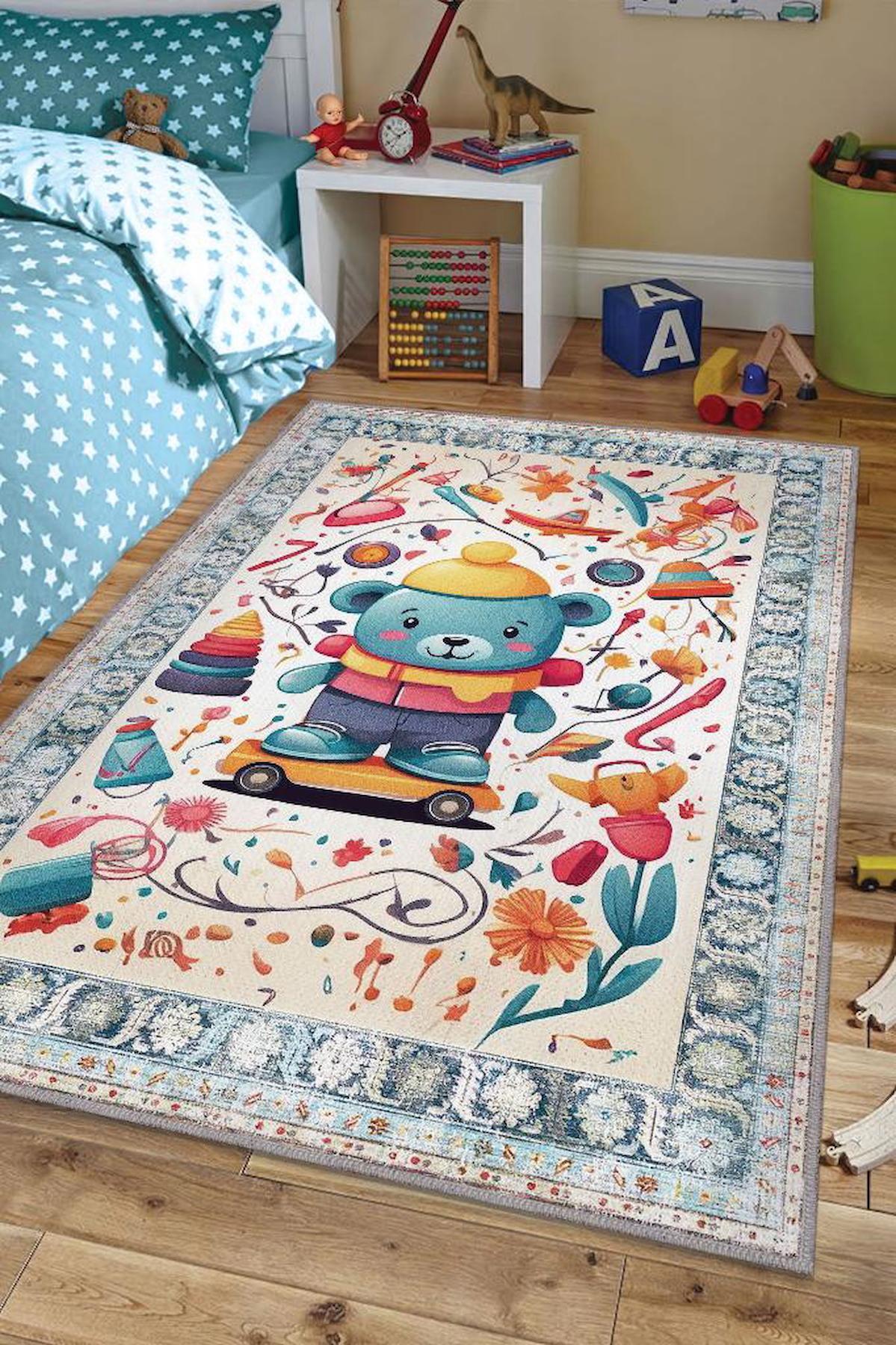 Homshtag Krem 4 mm Pamuk Antistatik Yıkanabilir İnce Kaymaz Geometrik Dikdörtgen Makine Dokuma Çocuk Odası Halısı 156x230 cm