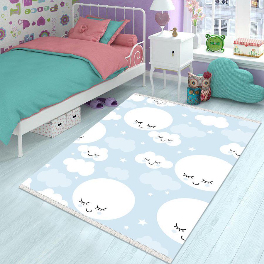Halı Furyası Mavi 8 mm Polyester Antibakteriyel Yıkanabilir Orta Kaymaz Dot Taban Bulut Desenli Dikdörtgen Makine Dokuma Çocuk Odası Halısı 80x150 cm