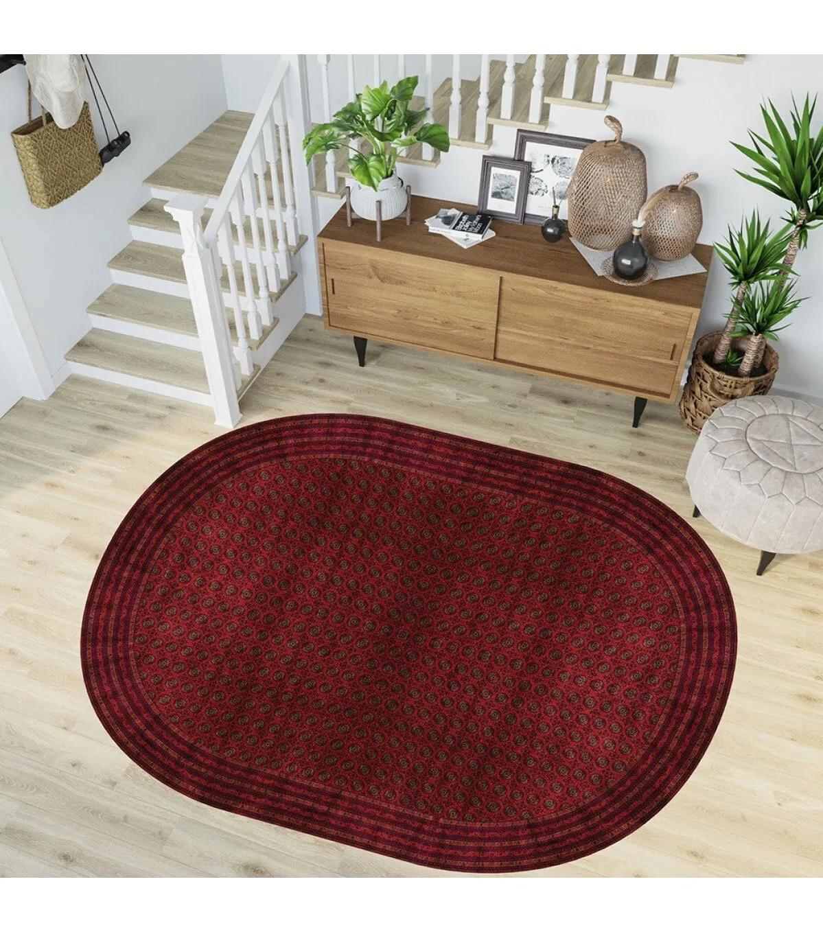Rovigo Home RVG7222-HT645 Kırmızı 8 mm Polyester Yıkanabilir Orta Kaymaz Dot Taban Dikdörtgen Makine Dokuma Salon Halısı 100x300 cm