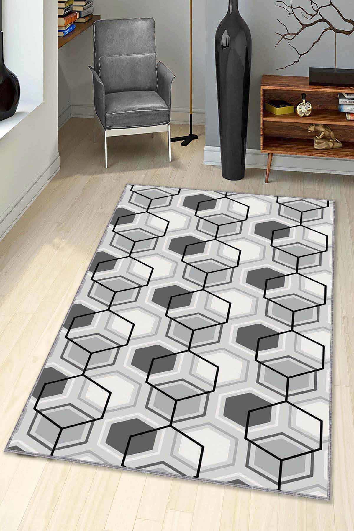 Viva Home BE03 Gri 7 mm Mikropolyester Toz Tutmaz Yıkanabilir İnce Kaymaz Dot Taban Dikdörtgen Makine Dokuma Salon Halısı 120x120 cm