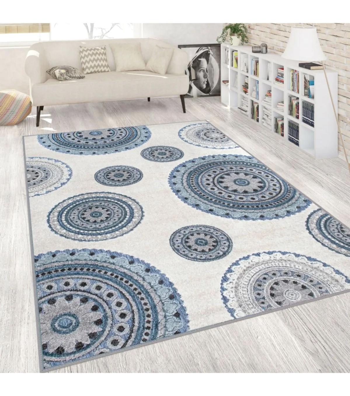 Rovigo Home RVG1809 Bej - Mavi 8 mm Polyester Antibakteriyel-Leke Tutmaz-Toz Tutmaz Yıkanabilir İnce Kaymaz Dot Taban Dikdörtgen Makine Dokuma Salon Halısı 180x180 cm