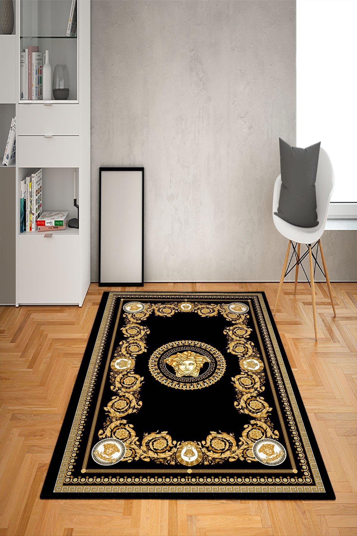 Doruklar Home Collection Altın-Siyah 0.7 mm Antibakteriyel Yıkanabilir Kalın Kaymaz Taban Dikdörtgen Makine Dokuma Çocuk Odası Halısı 140x200 cm