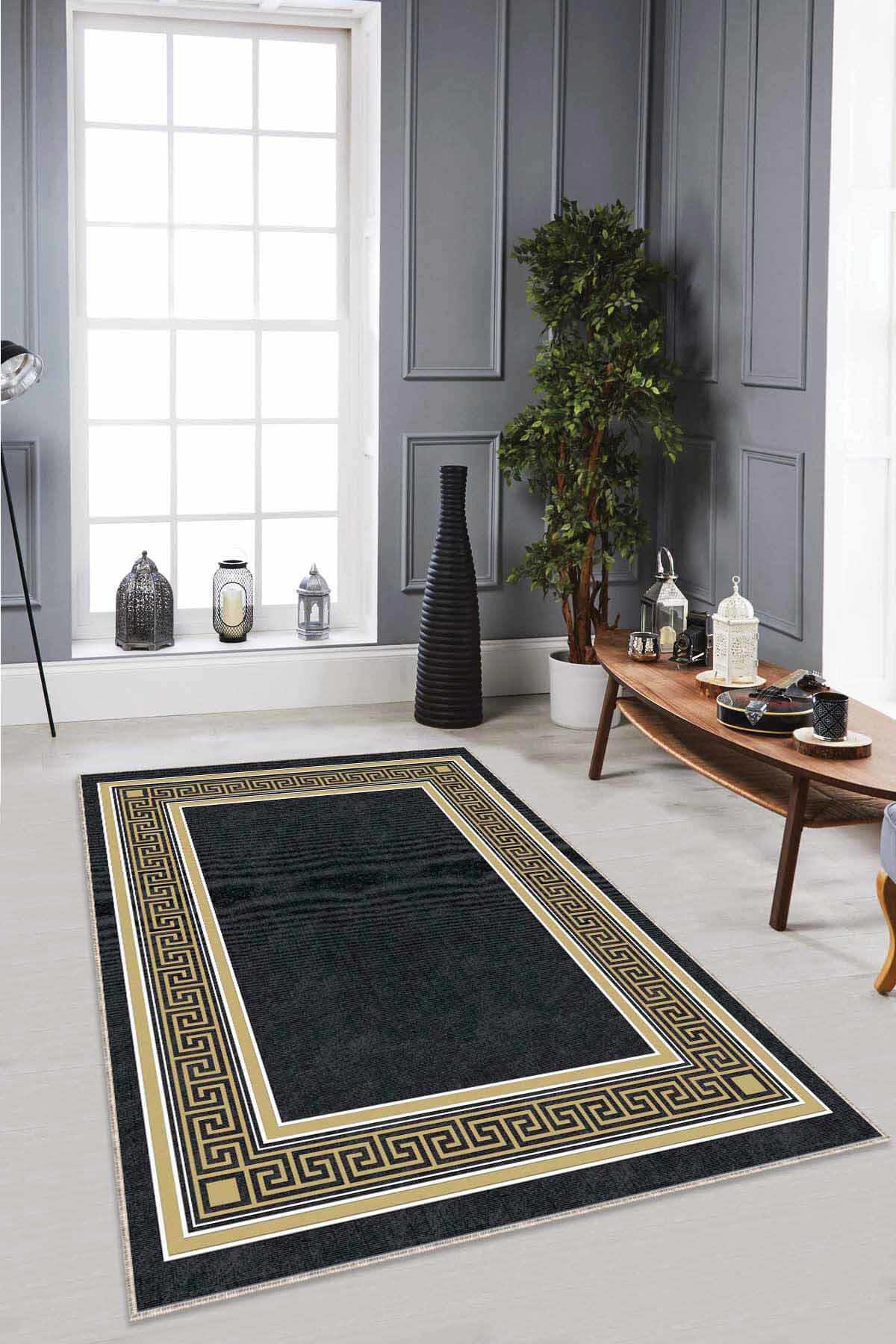 Viva Home RV029 Altın-Siyah 7 mm Mikropolyester Antibakteriyel Yıkanabilir Kalın Kaymaz Lateks Taban Dikdörtgen Makine Dokuma Salon Halısı 160x230 cm