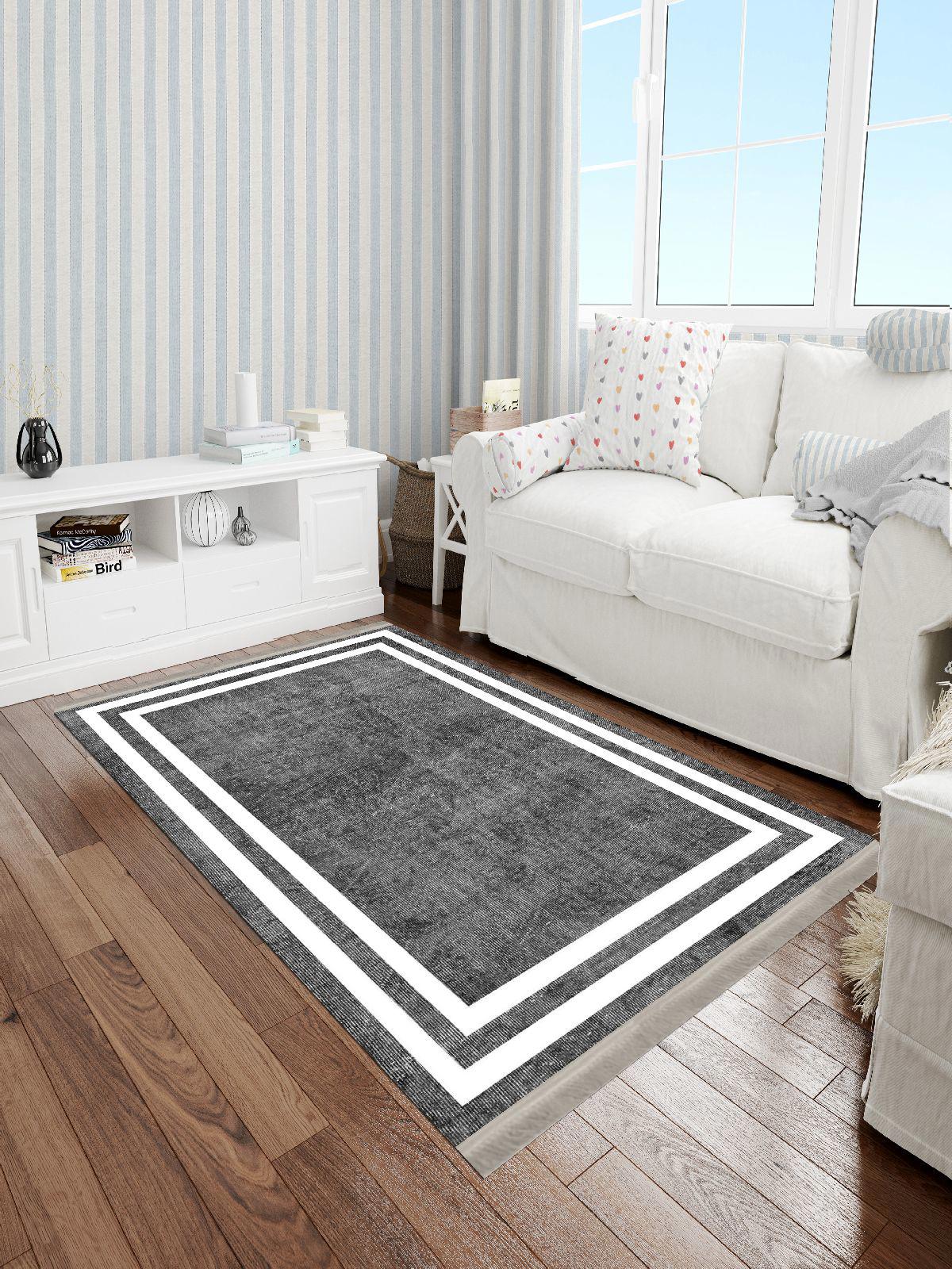 Enbe Collection E-MD0070C Beyaz-Gri 5 mm Pamuk Antibakteriyel Yıkanabilir Orta Kaymaz Dot Taban Dikdörtgen Makine Dokuma Oturma Odası Halısı 160x235 cm
