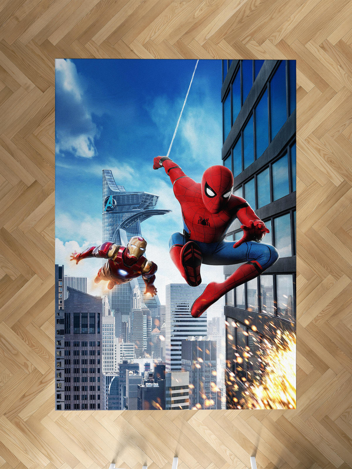 Mekta Home Ironman-Spiderman Krem 10 mm Antibakteriyel Yıkanabilir İnce Kaymaz Dot Taban Dikdörtgen Makine Dokuma Çocuk Odası Halısı 40x60 cm