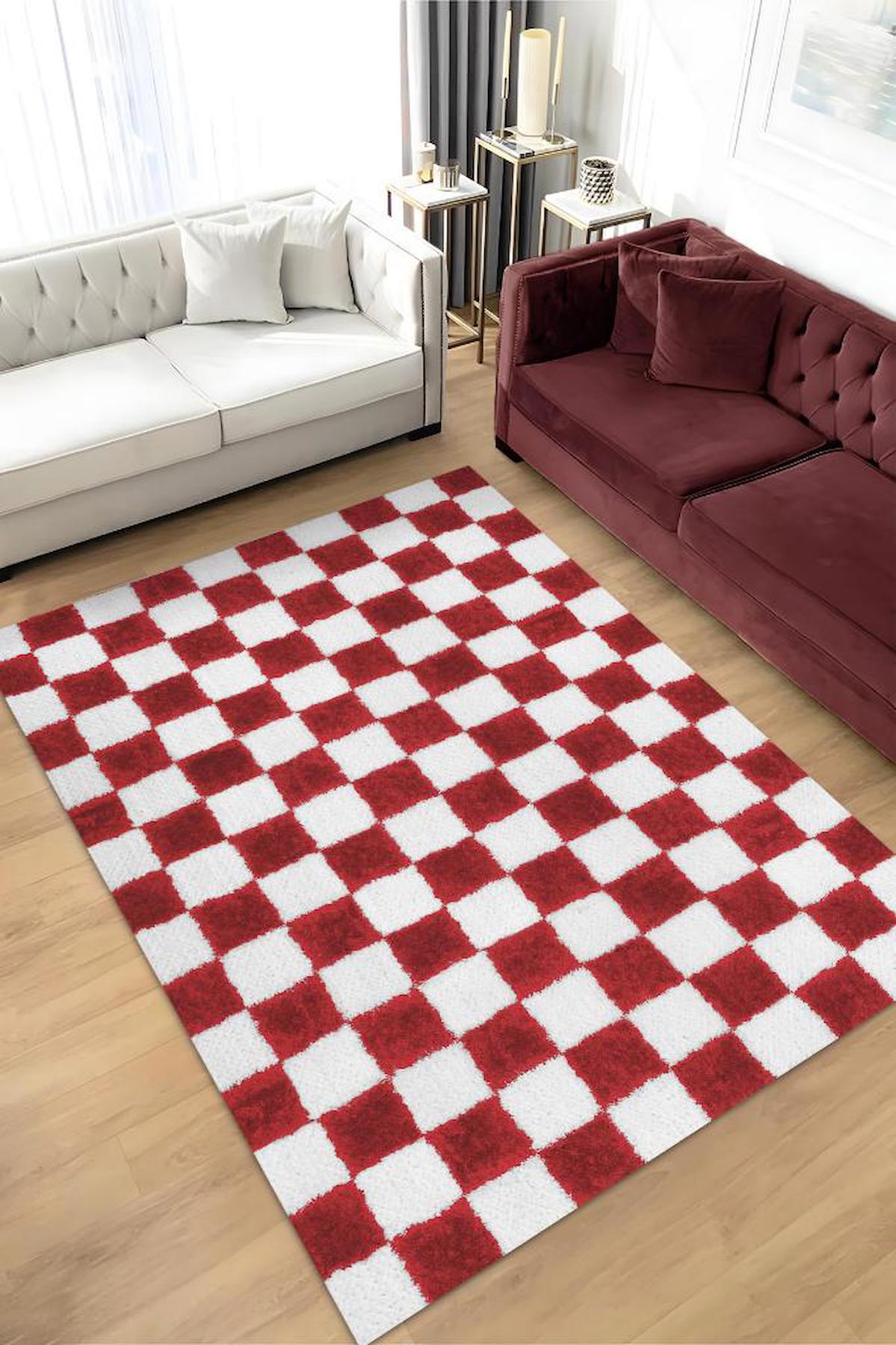 Homshtag Beyaz - Kırmızı 4 mm Pamuk Antistatik Yıkanabilir İnce Kaymaz Dikdörtgen Makine Dokuma Salon Halısı 80x200 cm