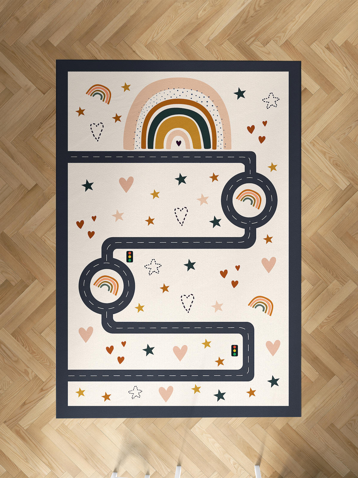 Mekta Home Gökkuşağı-Yol Krem 10 mm Antibakteriyel Yıkanabilir İnce Kaymaz Dot Taban Dikdörtgen Makine Dokuma Çocuk Odası Halısı 80x200 cm