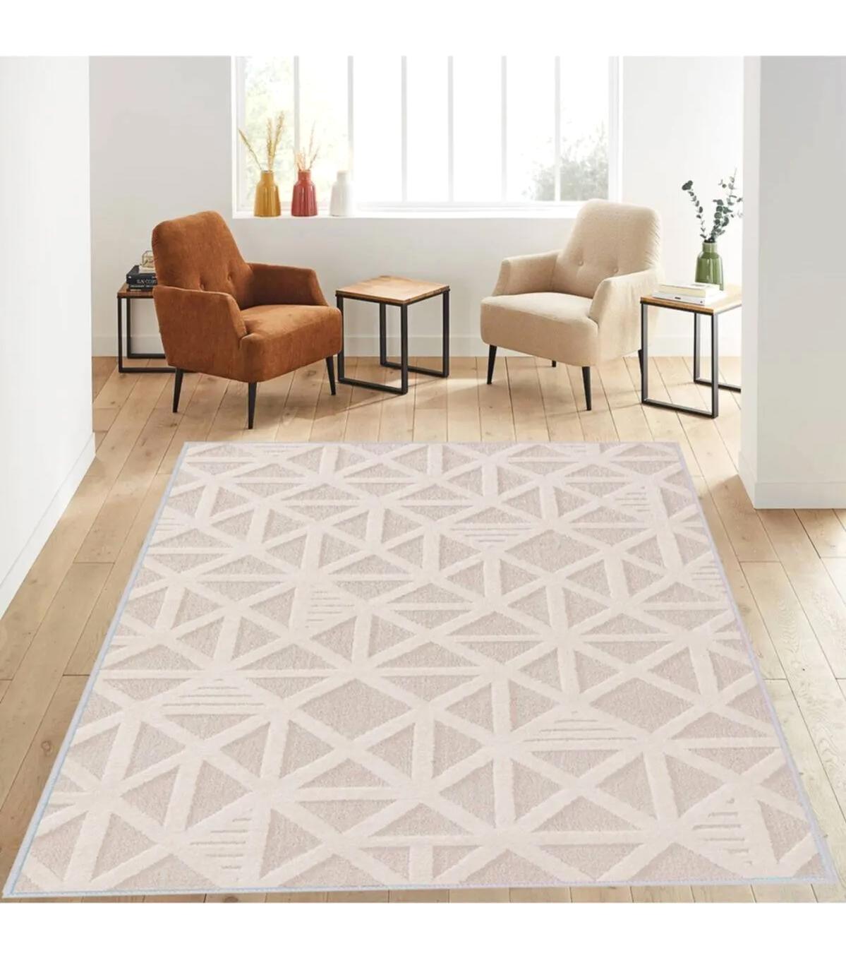 Rovigo Home RVG1222 Krem 8 mm Polyester Leke Tutmaz-Toz Tutmaz Yıkanabilir İnce Kaymaz Dot Taban Dikdörtgen Makine Dokuma Salon Halısı 80x180 cm