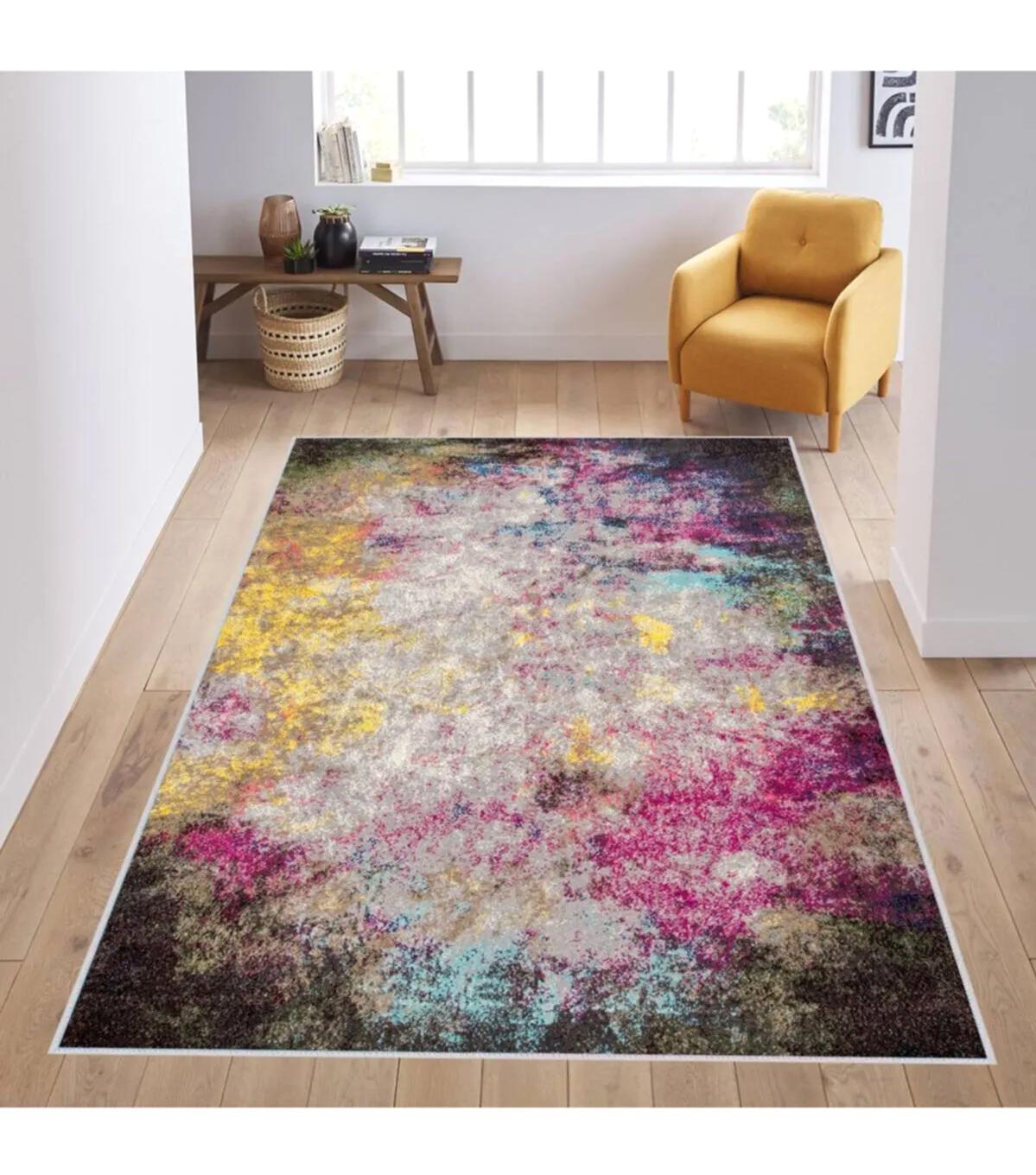 Rovigo Home RVG1165 Çok Renkli 8 mm Polyester Leke Tutmaz-Toz Tutmaz Yıkanabilir İnce Kaymaz Dot Taban Dikdörtgen Makine Dokuma Salon Halısı 80x150 cm