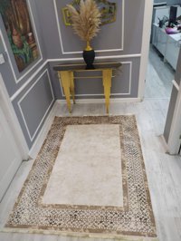 Doruklar Home Collection Krem-Vizon 0.7 mm Mikropolyester Antibakteriyel Yıkanabilir İnce Kaymaz Dikdörtgen Makine Dokuma Salon Halısı 180x280 cm