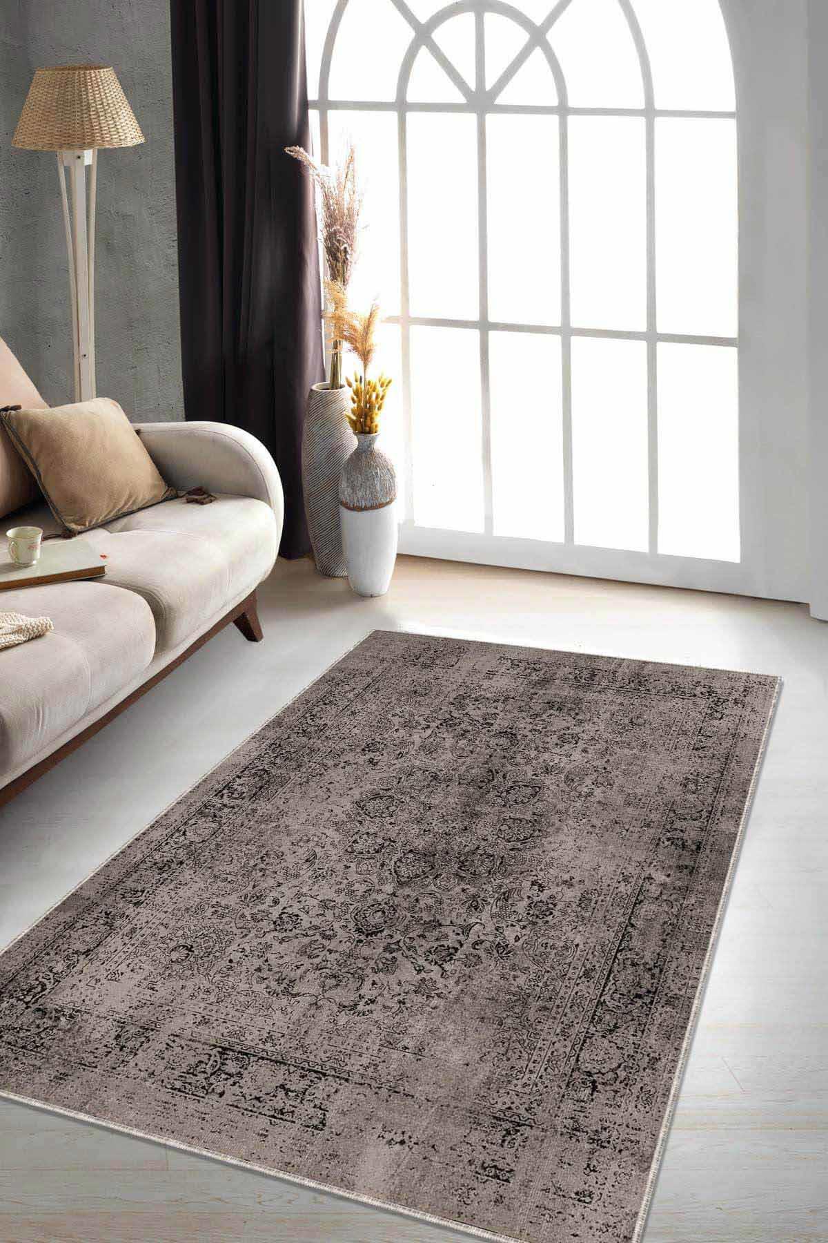 Viva Home RV278 Bej 7 mm Mikropolyester Leke Tutmaz Yıkanabilir İnce Kaymaz Dot Taban Dikdörtgen Makine Dokuma Salon Halısı 160x230 cm