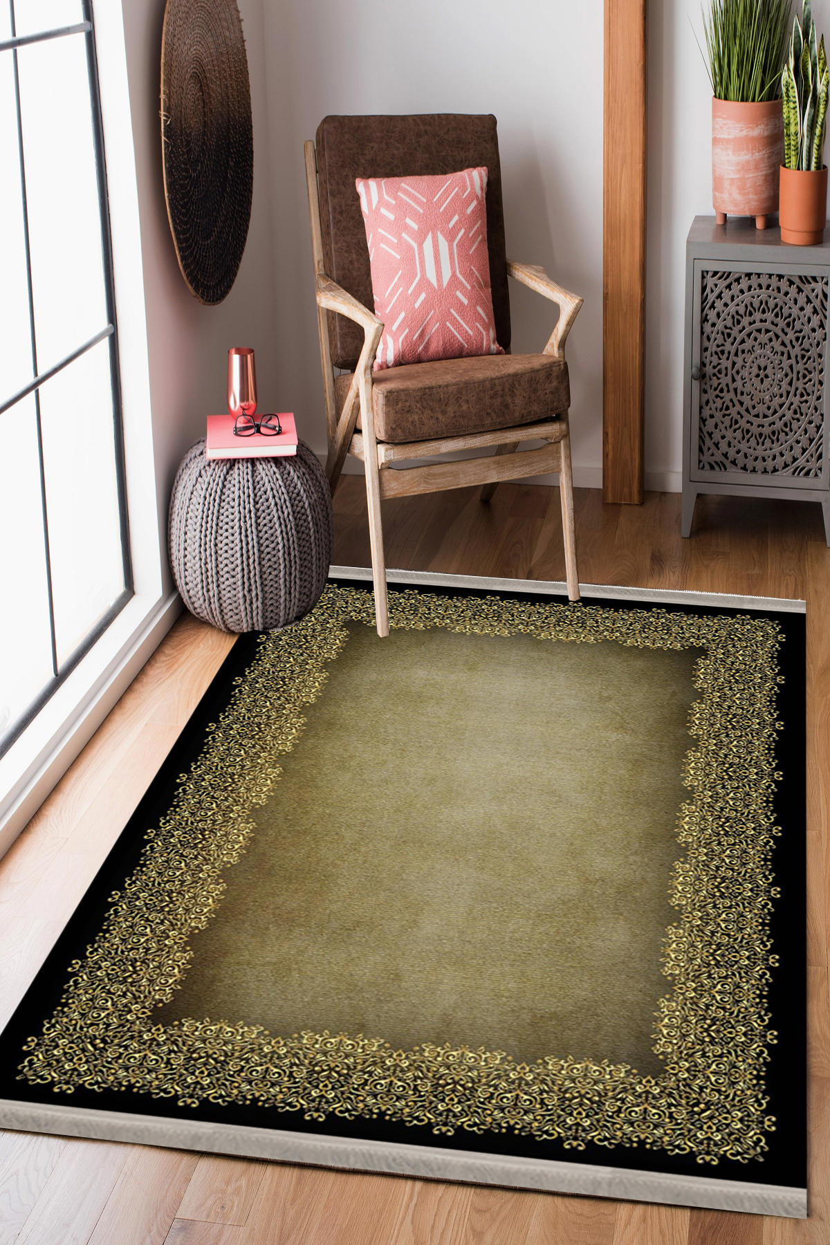 Homier Collection H-DK-5185A Altın-Siyah 7 mm Pamuk Antibakteriyel Yıkanabilir Orta Kaymaz Dot Taban Dikdörtgen Makine Dokuma Salon Halısı 100x150 cm