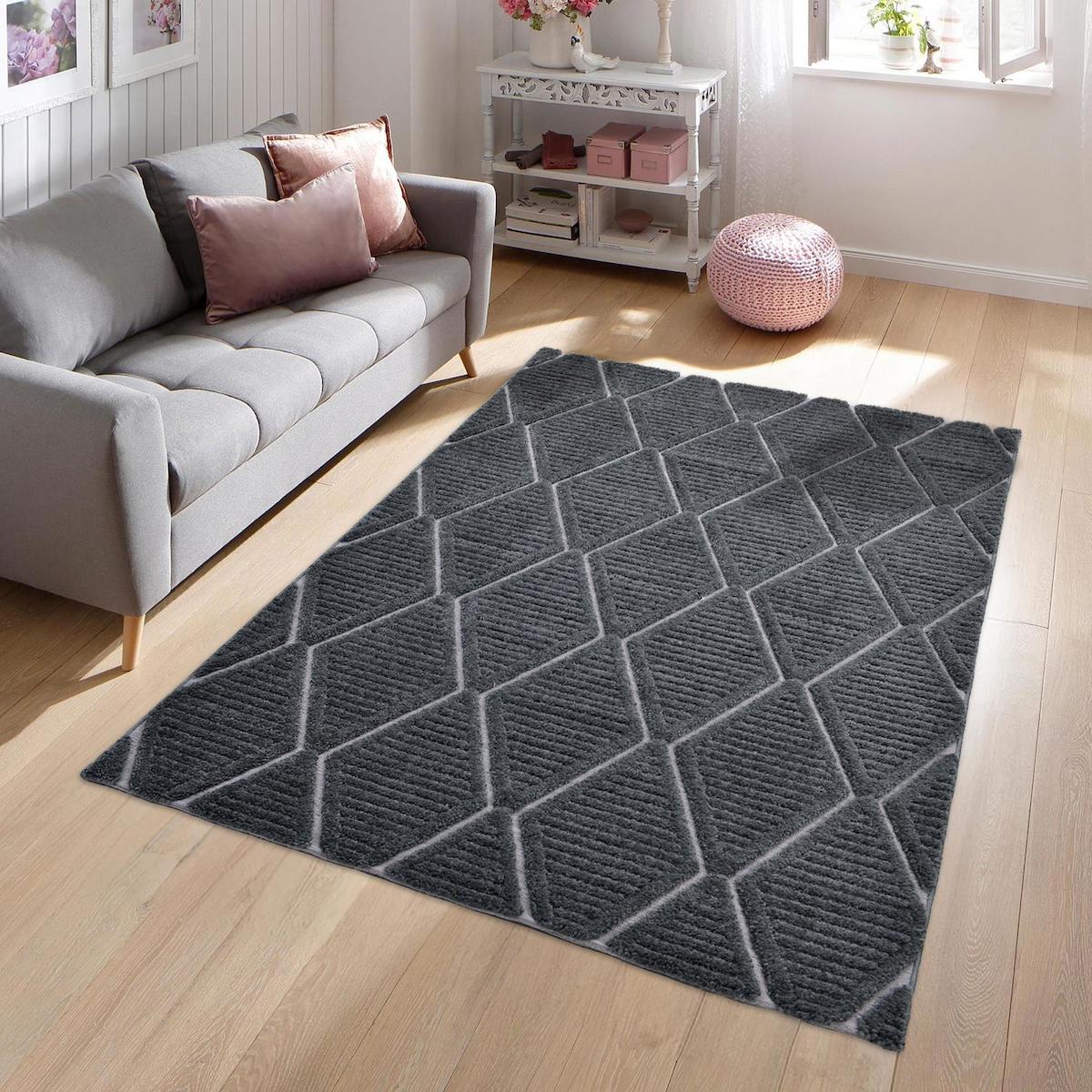 Giza Home Madu 1300Y Gri 20 mm Polyester Toz Tutmaz Yıkanabilir Kalın Kaymaz Geometrik Dikdörtgen Makine Dokuma Çocuk Odası-Yatak Odası Halısı 160x230 cm