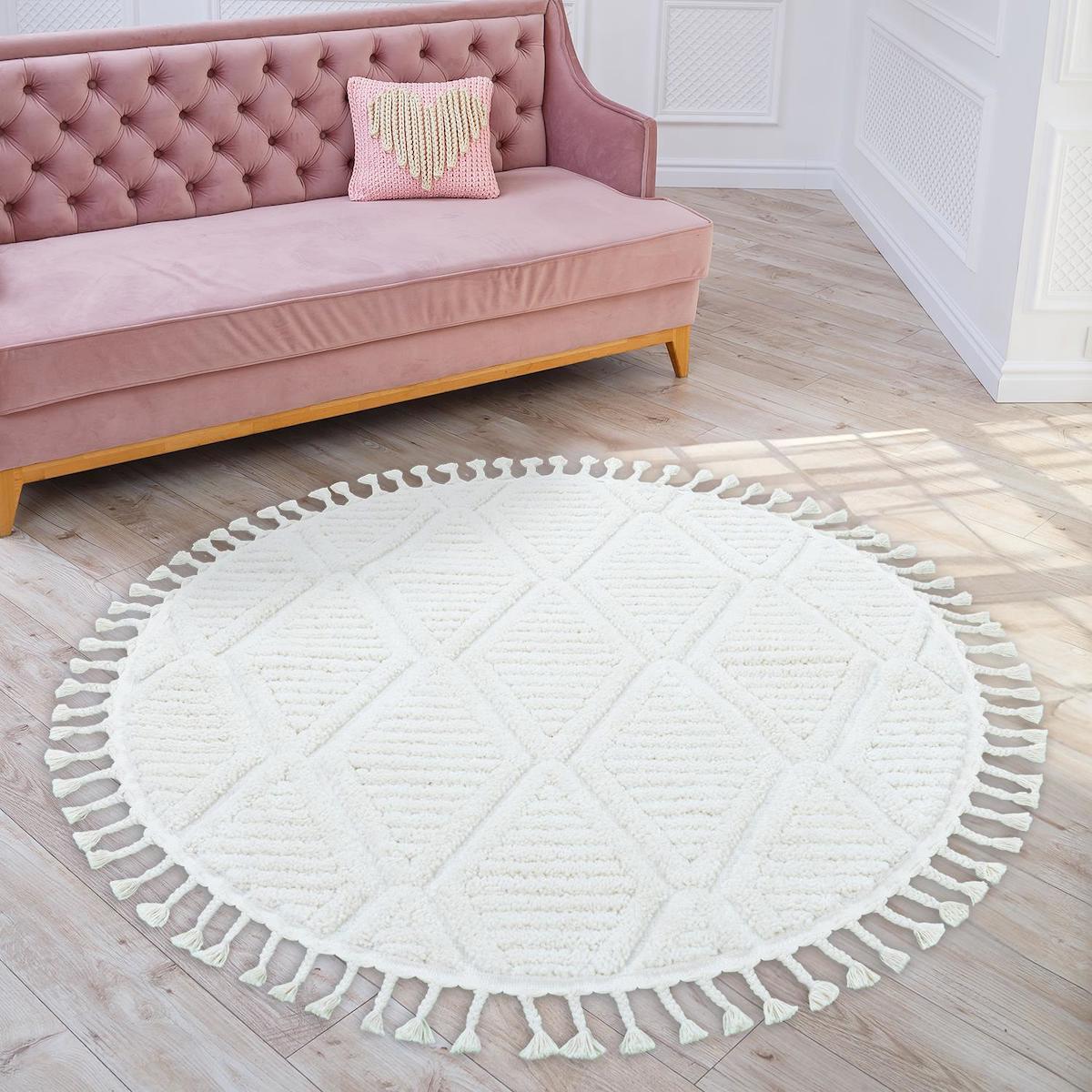 Giza Home Madu 1300T Krem 20 mm Polyester Antibakteriyel Yıkanabilir Kalın Kaymaz Geometrik Yuvarlak Makine Dokuma Çocuk Odası-Oturma Odası Halısı 120x200 cm