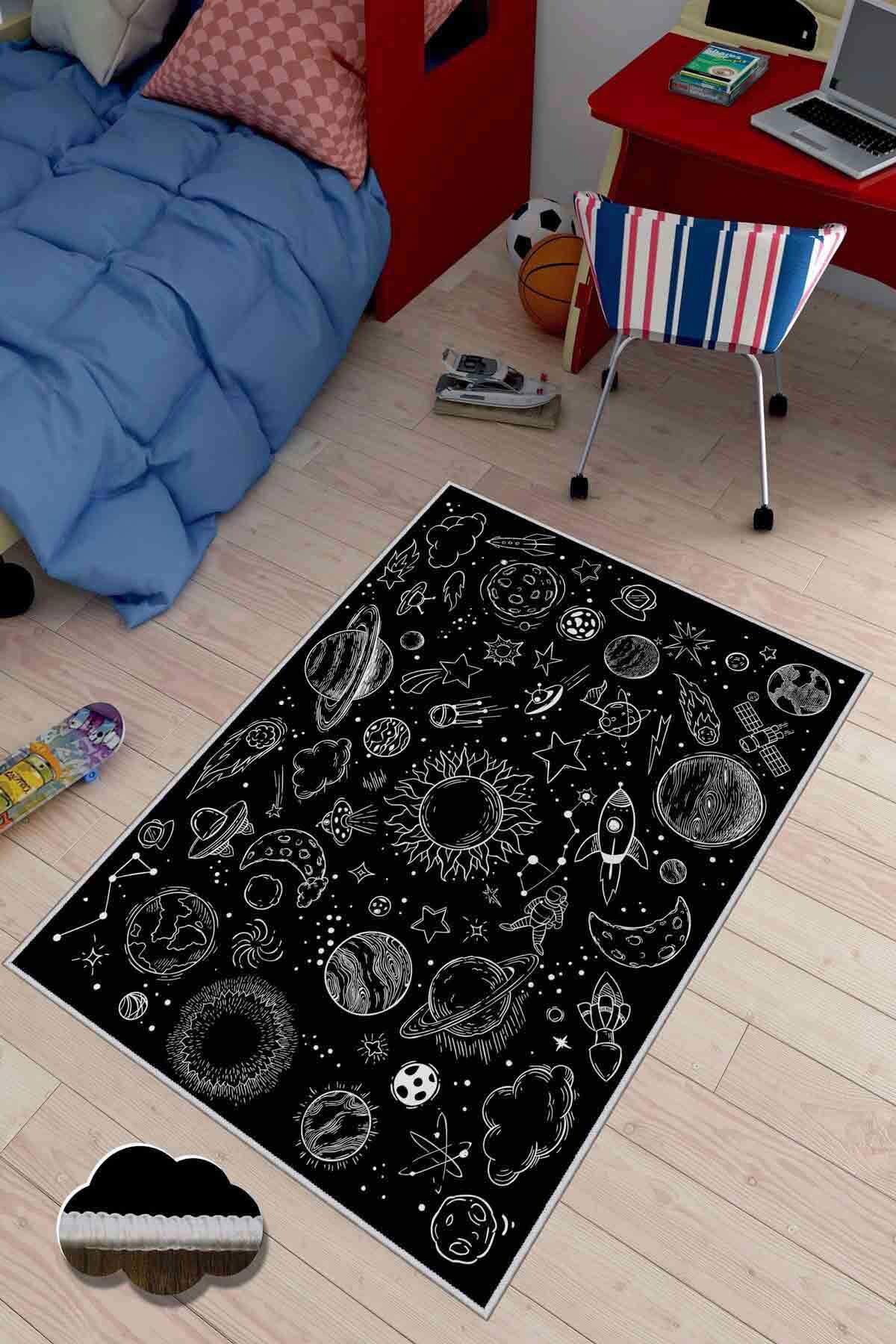 Homefesto Krem 5 mm Polyester Leke Tutmaz Yıkanabilir İnce Kaymaz Taban Gezegen Desenli Dikdörtgen Makine Dokuma Genç Odası Halısı 100x300 cm