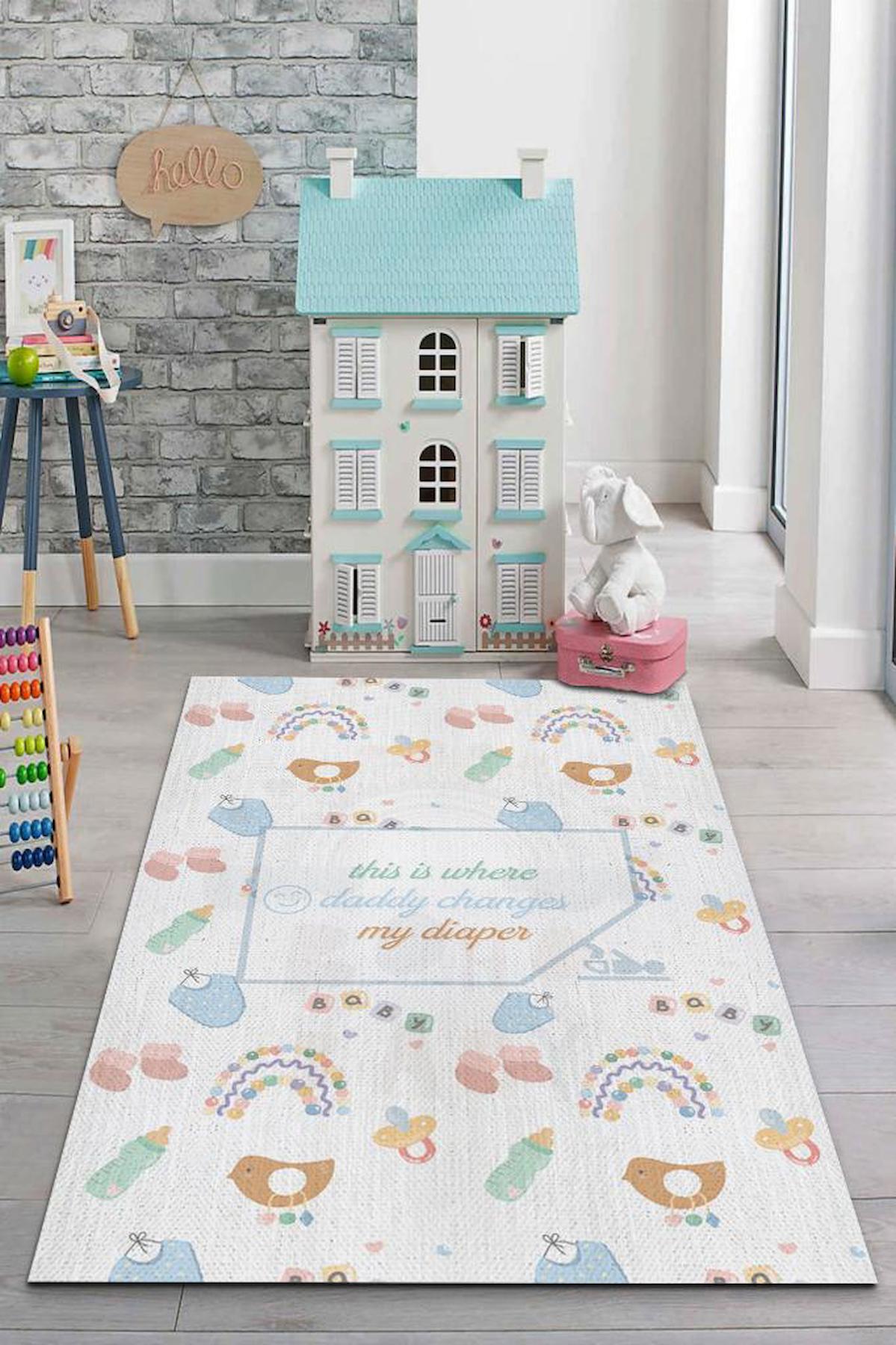 Homshtag Baba Altımı Değiştir Krem 4 mm Pamuk Antistatik Yıkanabilir İnce Kaymaz Dikdörtgen Makine Dokuma Çocuk Odası Halısı 80x150 cm