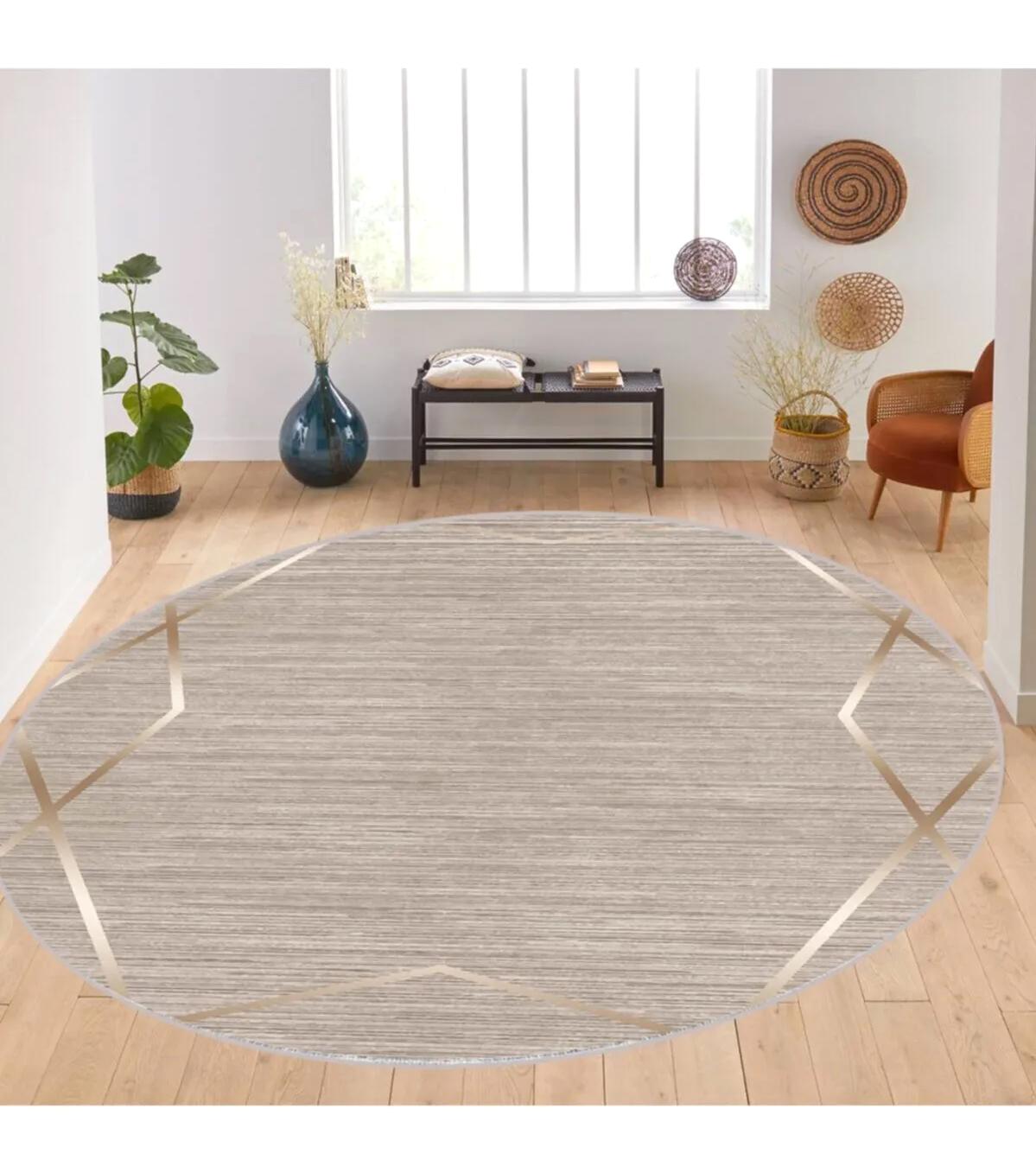 Rovigo Home RVG7113 Krem 8 mm Polyester Antibakteriyel-Leke Tutmaz-Toz Tutmaz Yıkanabilir İnce Kaymaz Dot Taban Yuvarlak Makine Dokuma Salon Halısı 160x230 cm