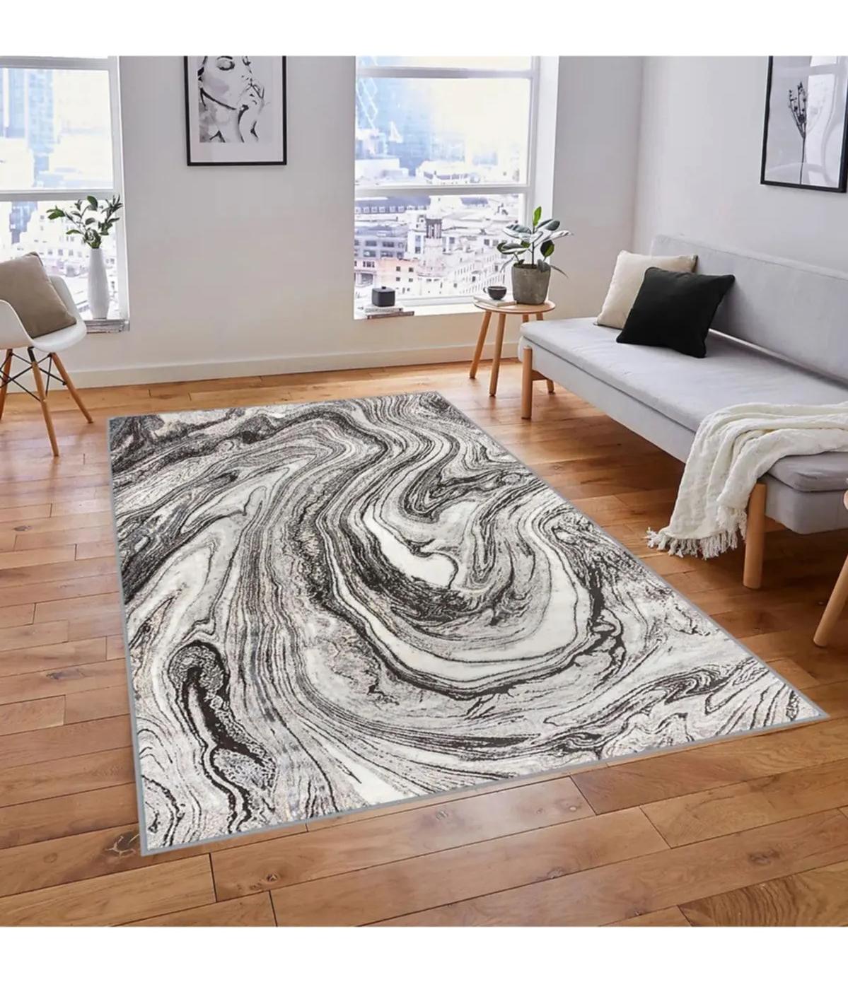 Rovigo Home RVG1814 Gri 8 mm Polyester Antibakteriyel-Leke Tutmaz-Toz Tutmaz Yıkanabilir İnce Kaymaz Dot Taban Dikdörtgen Makine Dokuma Salon Halısı 80x120 cm